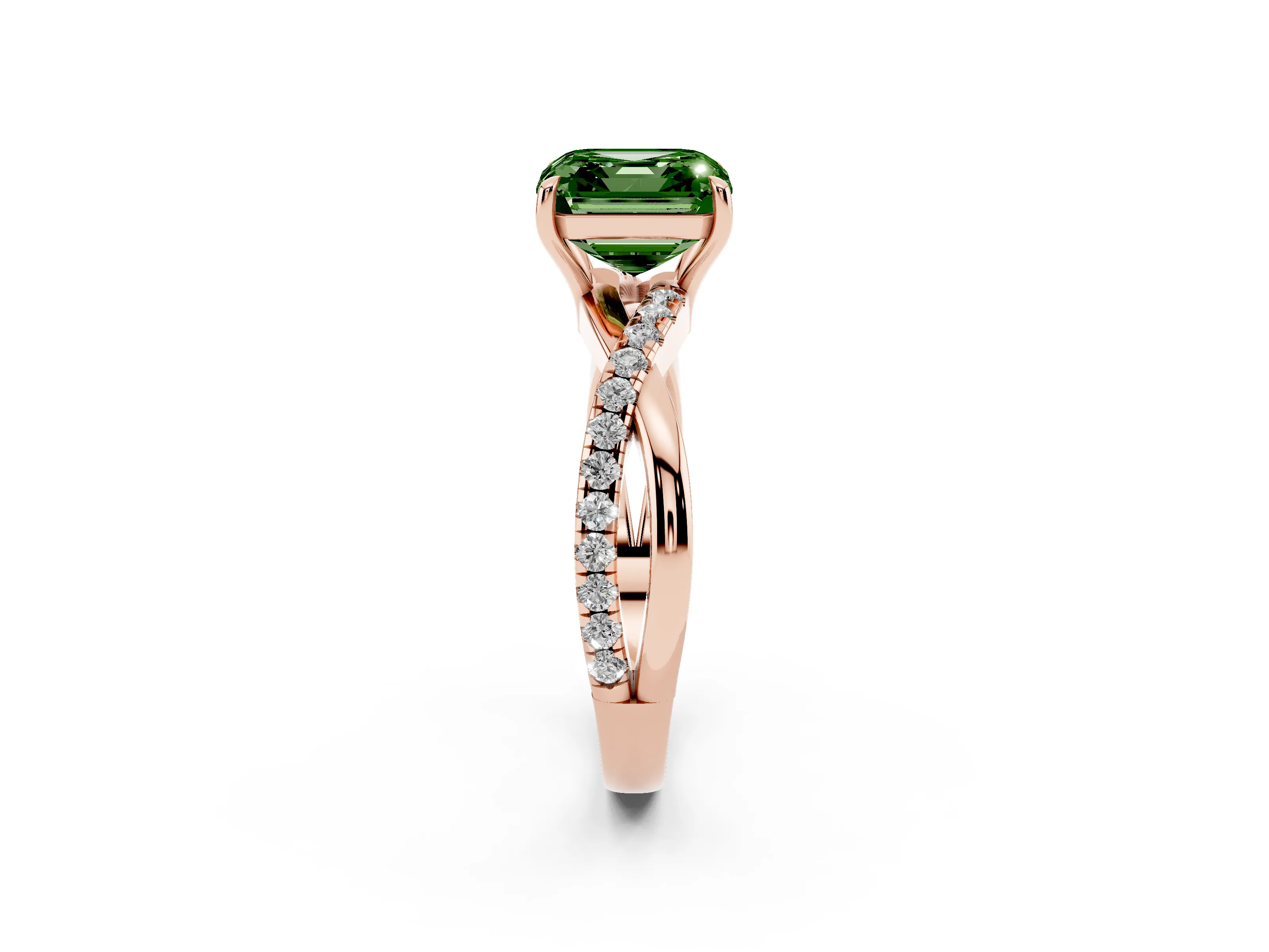 Fancy Green Asscher Cut Diamond Twisted Pavé Band Ring Set in Rose gold with Prong Setting