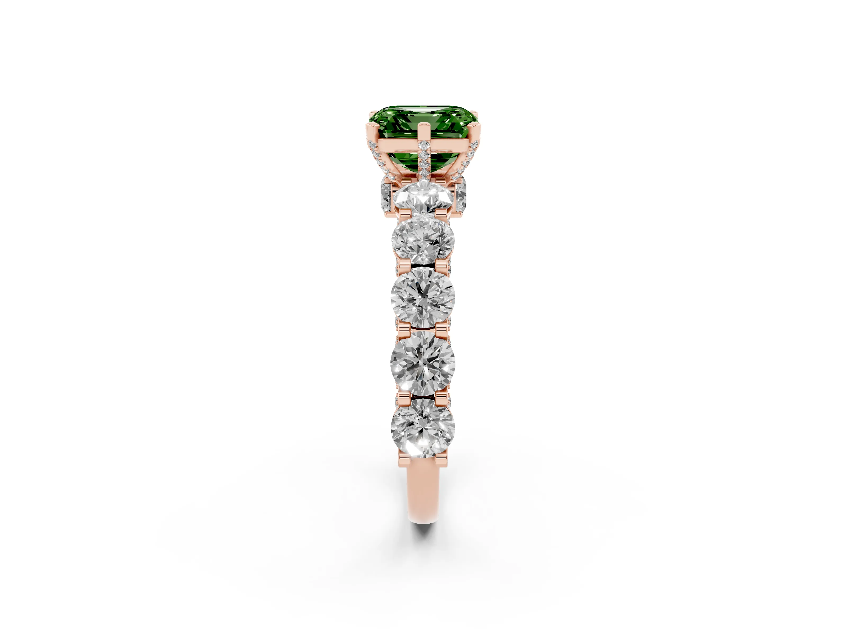 Fancy Green Asscher Cut Diamond Side Stone Ring Set in Rose gold with Alternating Round and Oval Side Stones