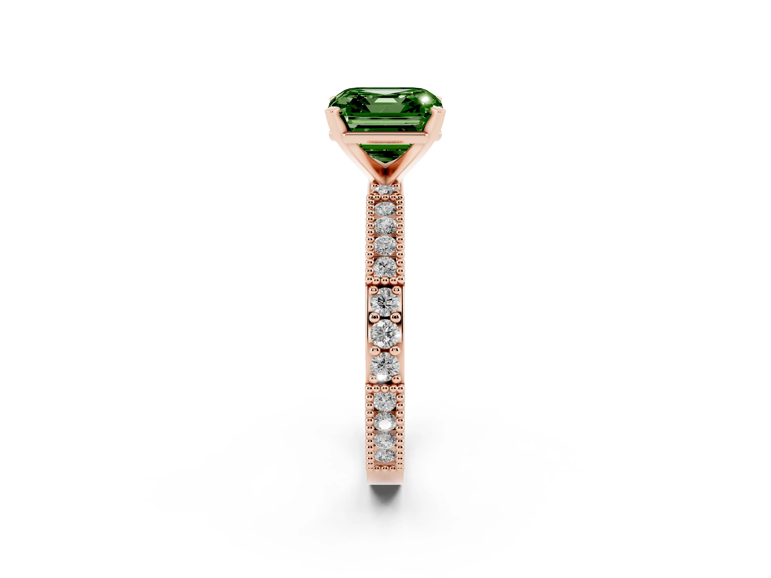 Fancy Green Asscher Cut Diamond Solitaire Ring Set in Rose gold with Slim Pavé Band and Prong Setting