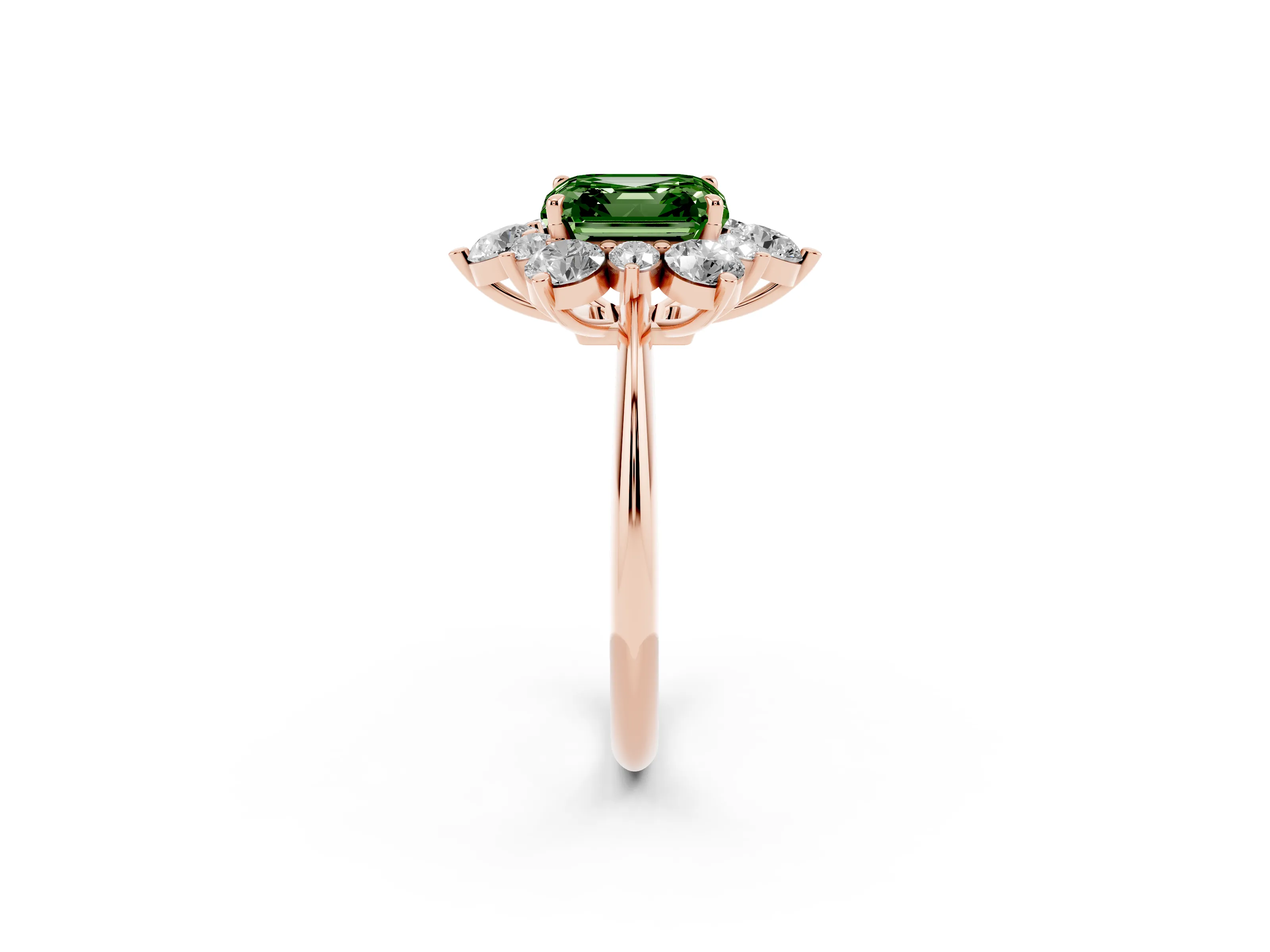 Fancy Green Asscher Cut Diamond Cluster Halo Ring Set in Rose gold with Solitaire Band and Prong Setting