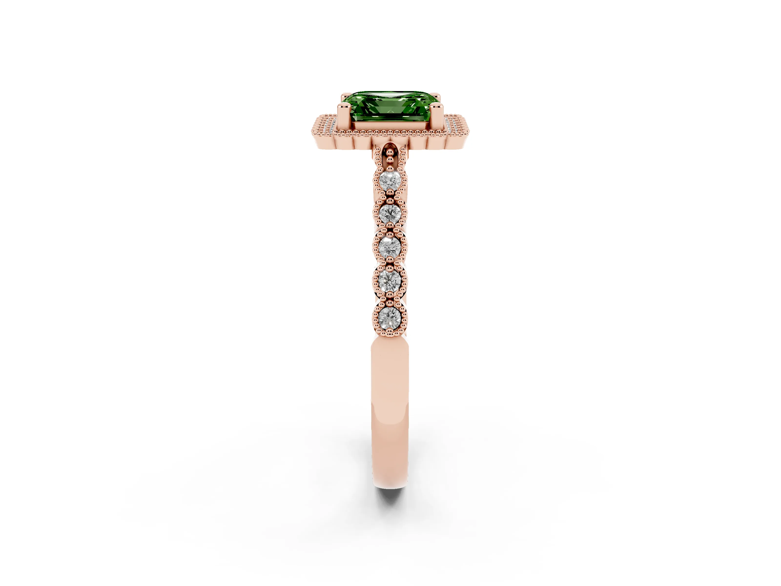 Fancy Green Asscher Cut Diamond Halo Ring Set in Rose gold with Pavé Milgrain Band