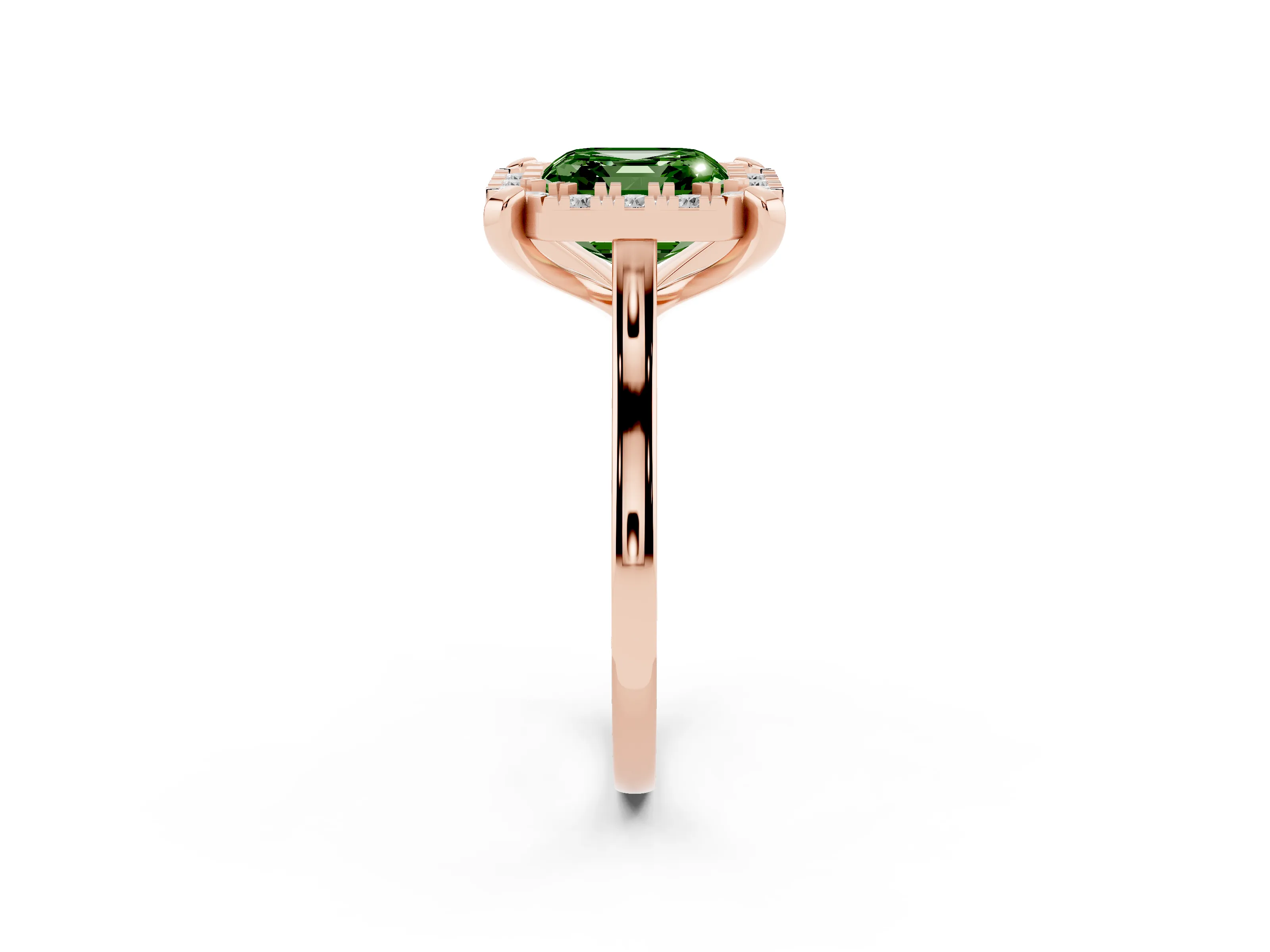 Fancy Green Asscher Cut Diamond Cluster Halo Solitaire Ring Set in Rose gold with Prong Setting
