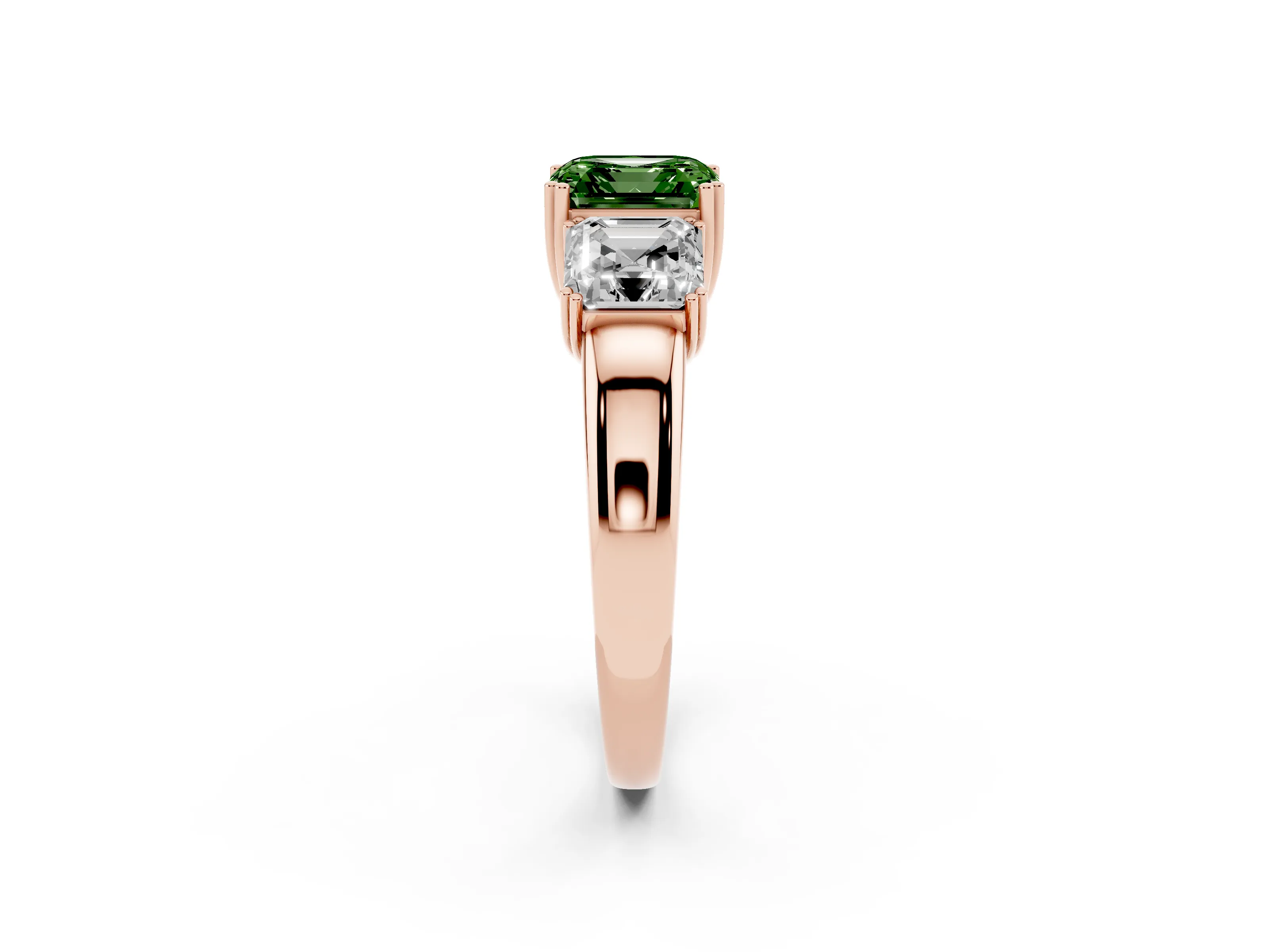 Fancy Green Asscher Cut Diamond Three-Stone Ring Set in Rose gold with Polished Band and Prong Setting