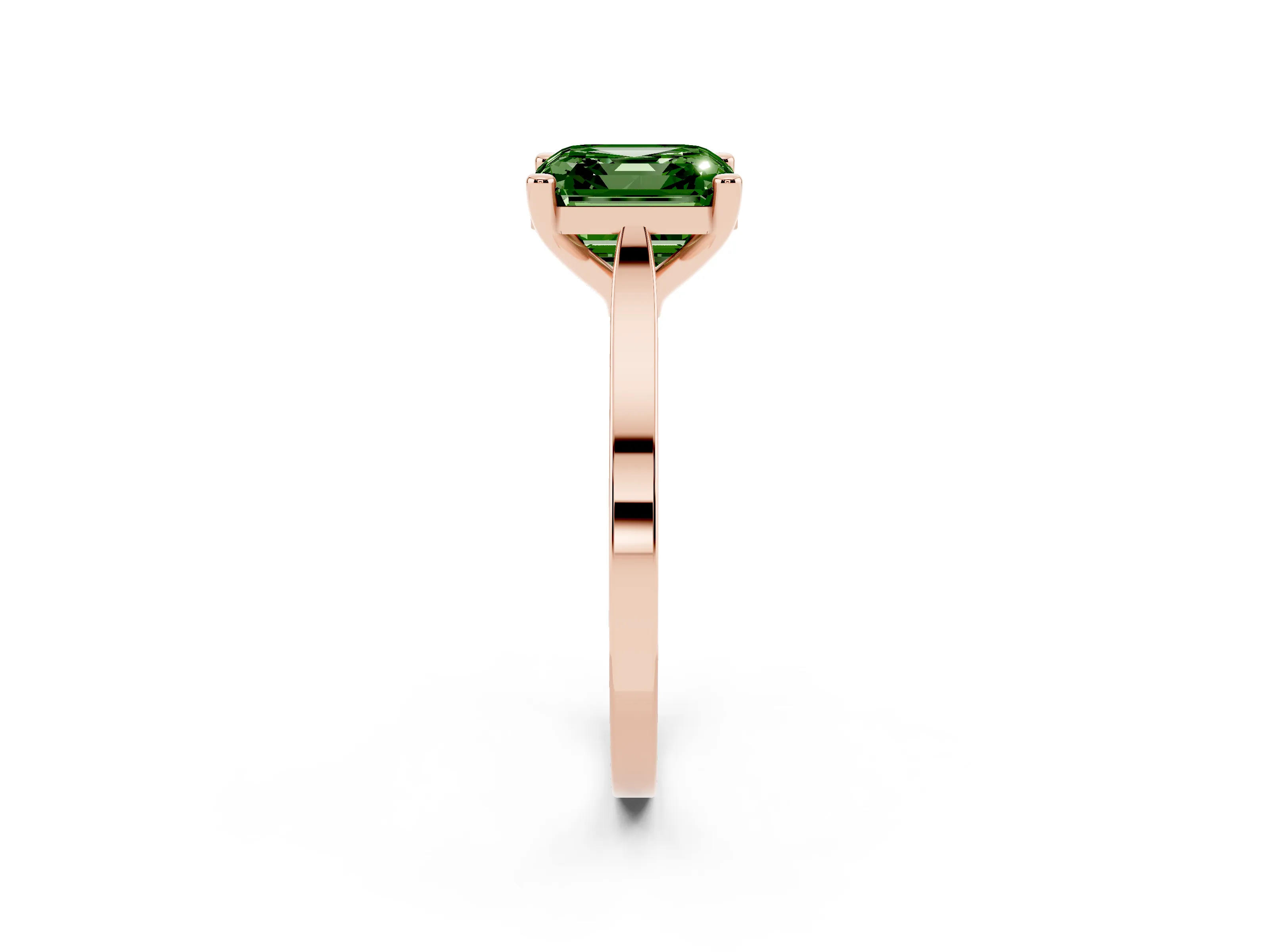 Fancy Green Asscher Cut Diamond Solitaire Ring Set in Rose gold with Prong Setting and Tapered Band