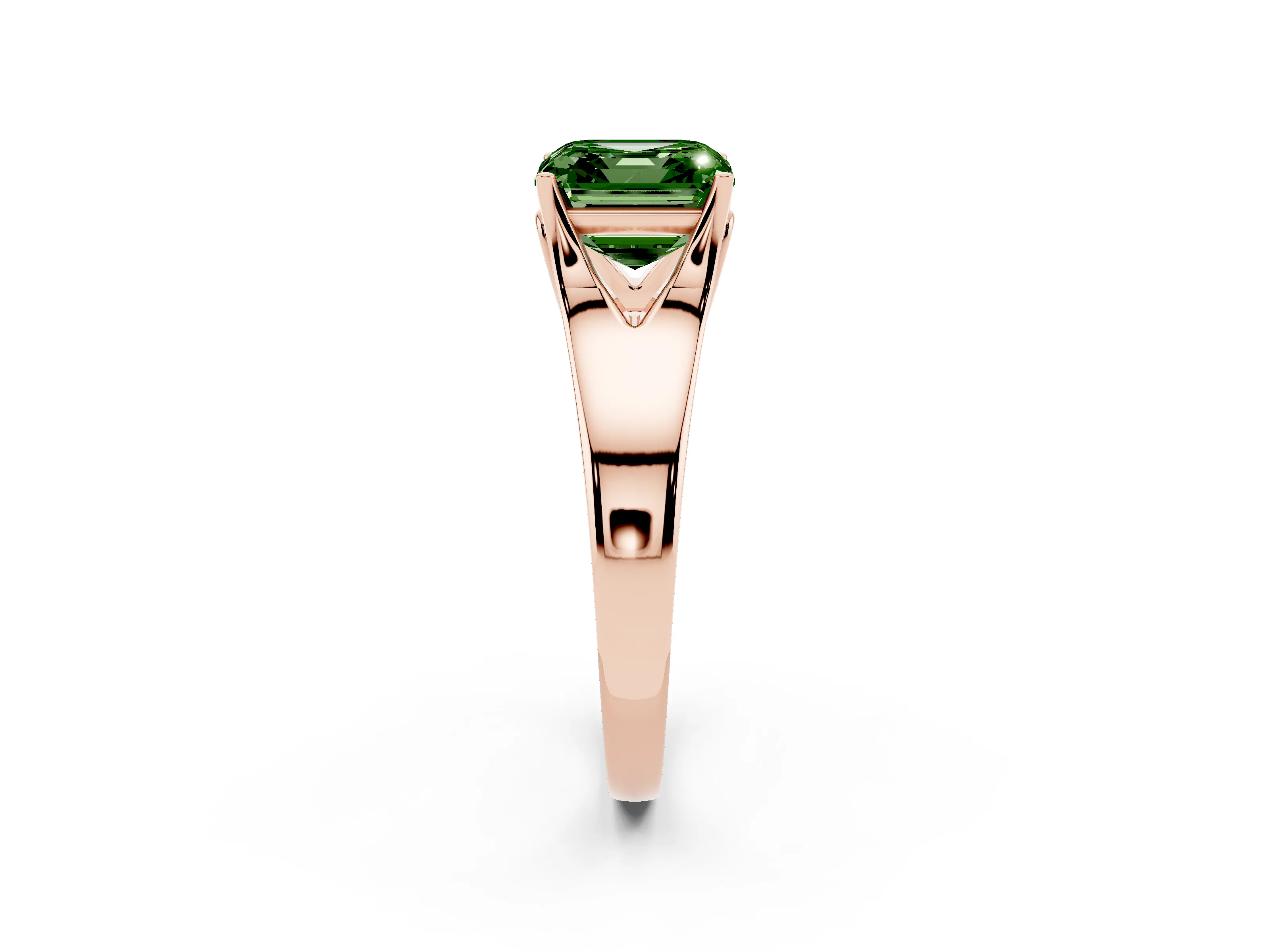 Fancy Green Asscher Cut Diamond Solitaire Ring Set in Rose gold with Arched Cathedral Band and Prong Setting