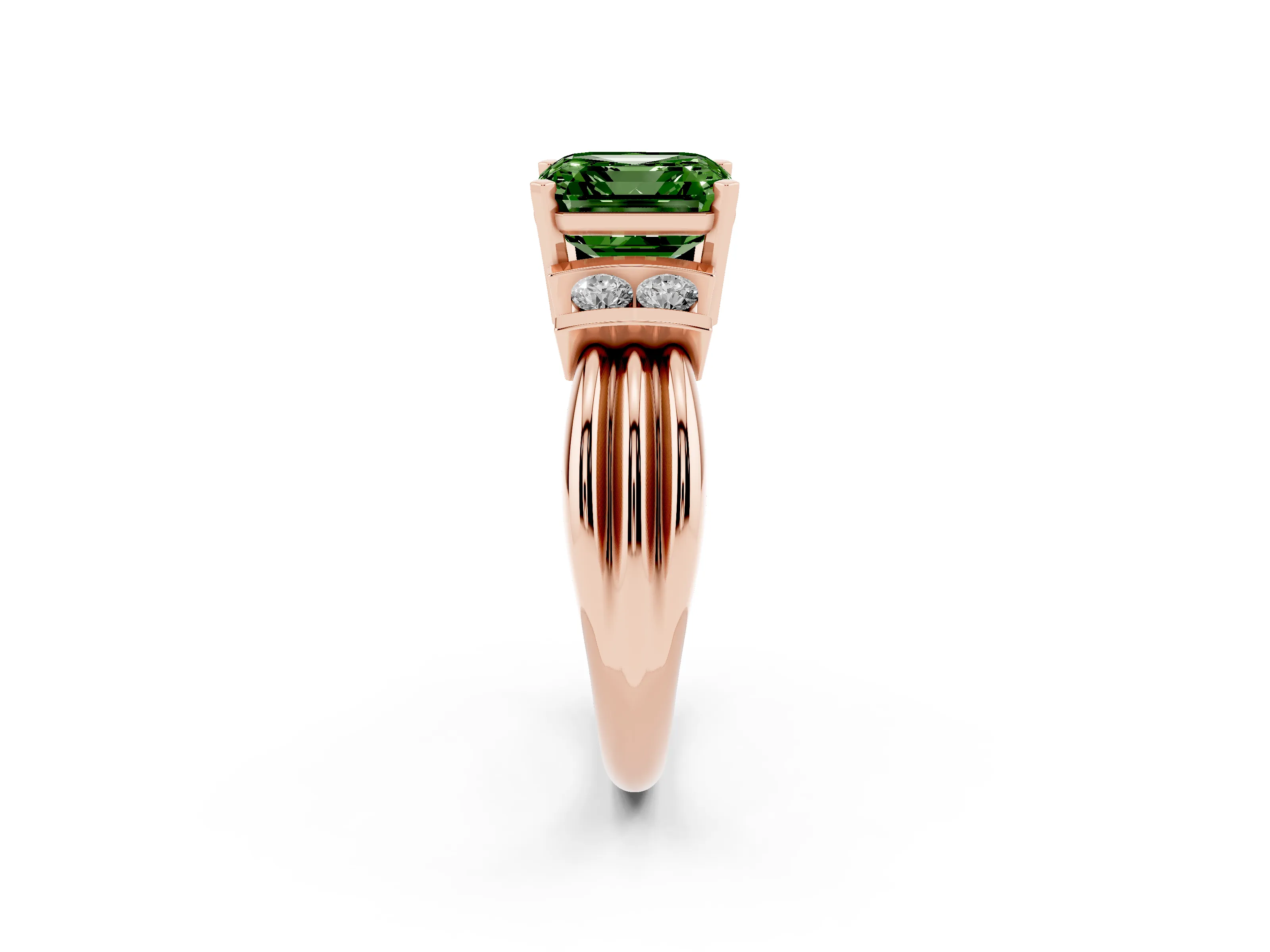 Fancy Green Three-Stone Asscher Cut Diamond Channel Set Ring Set in Rose gold with Bar Prongs