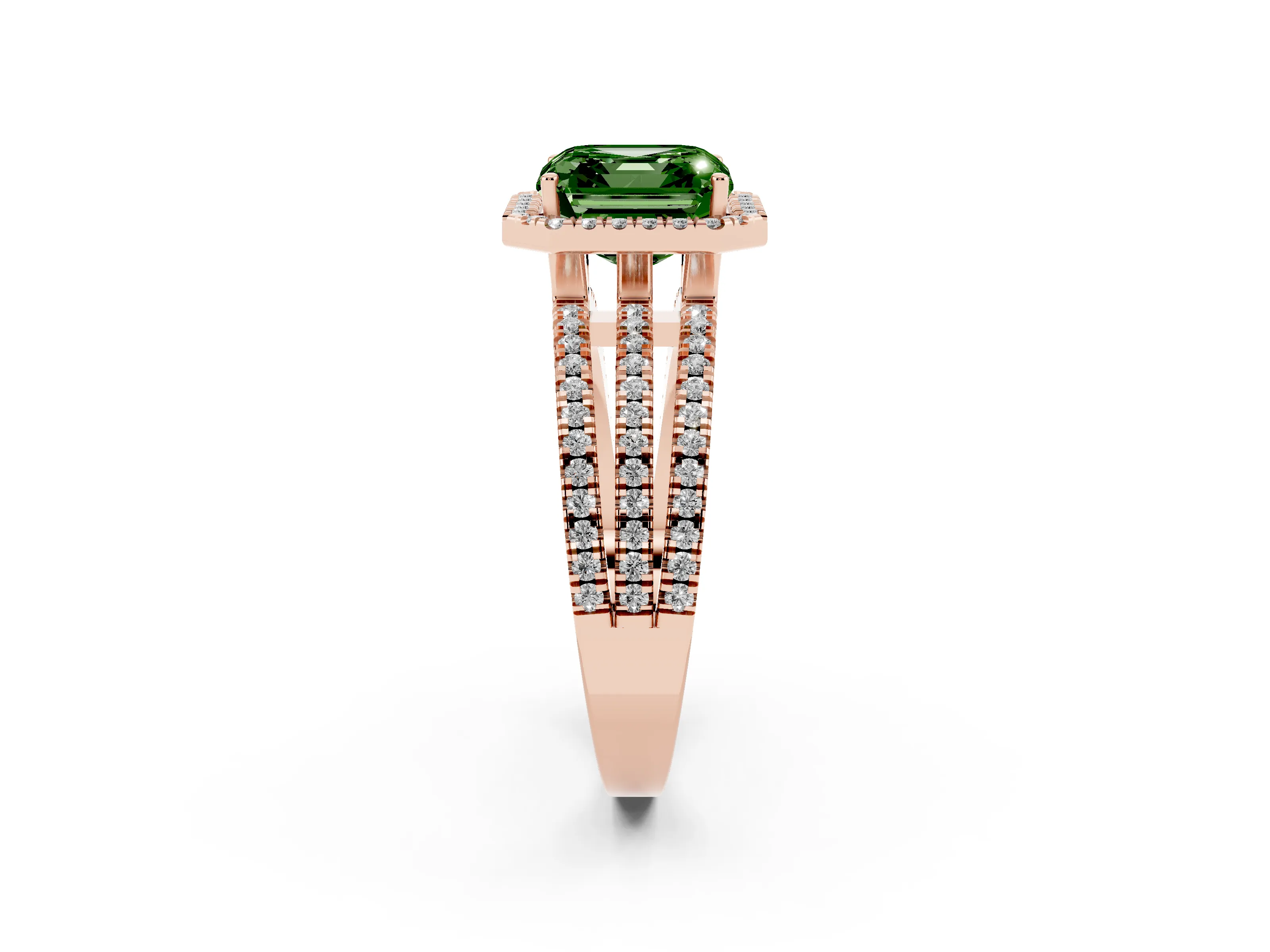 Fancy Green Asscher Cut Diamond Halo Split Shank Engagement Ring Set in Rose gold with Prong Setting
