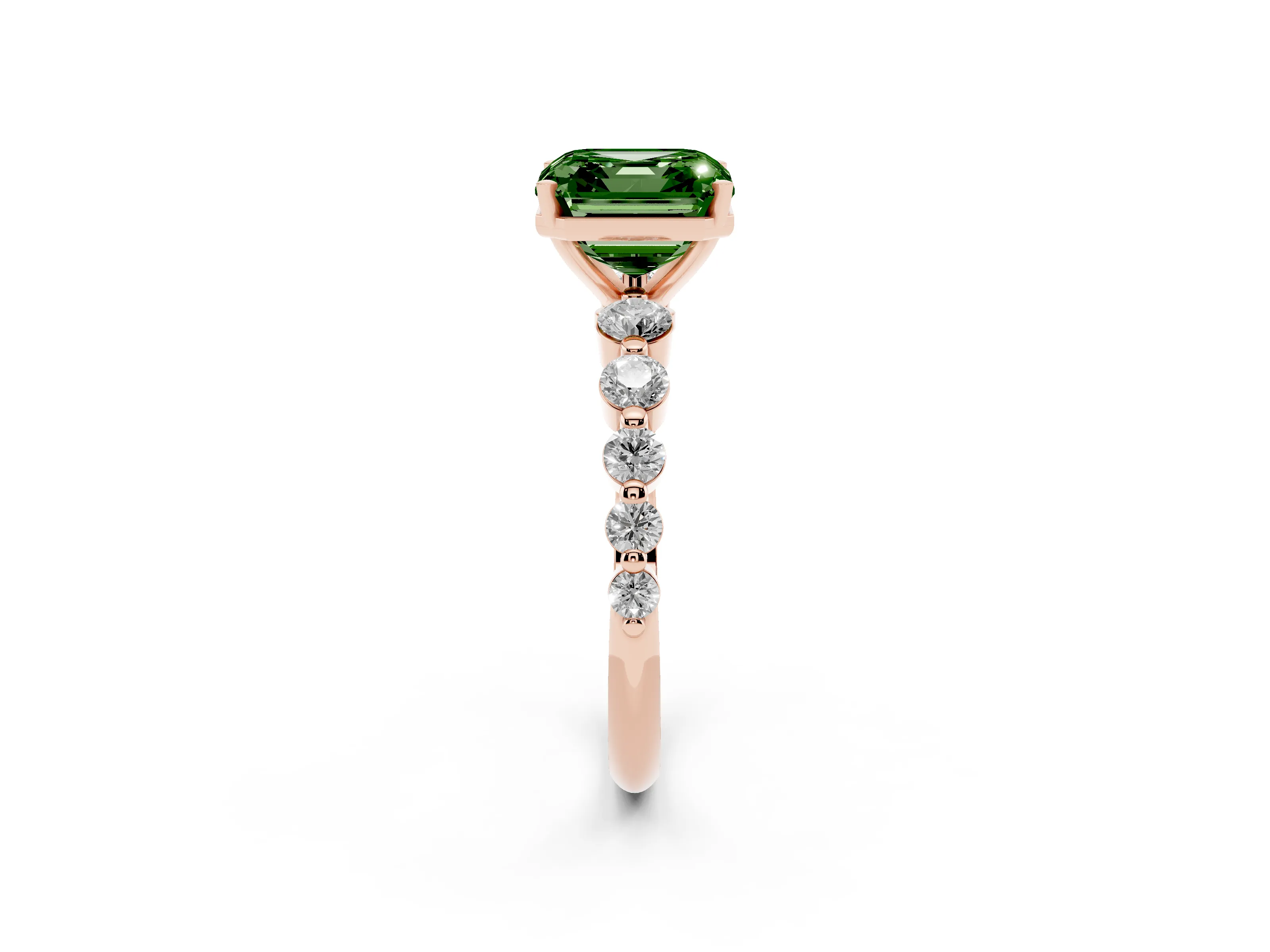 Fancy Green Asscher Cut Diamond Solitaire Ring Set in Rose gold with Pavé Band and Prong Setting