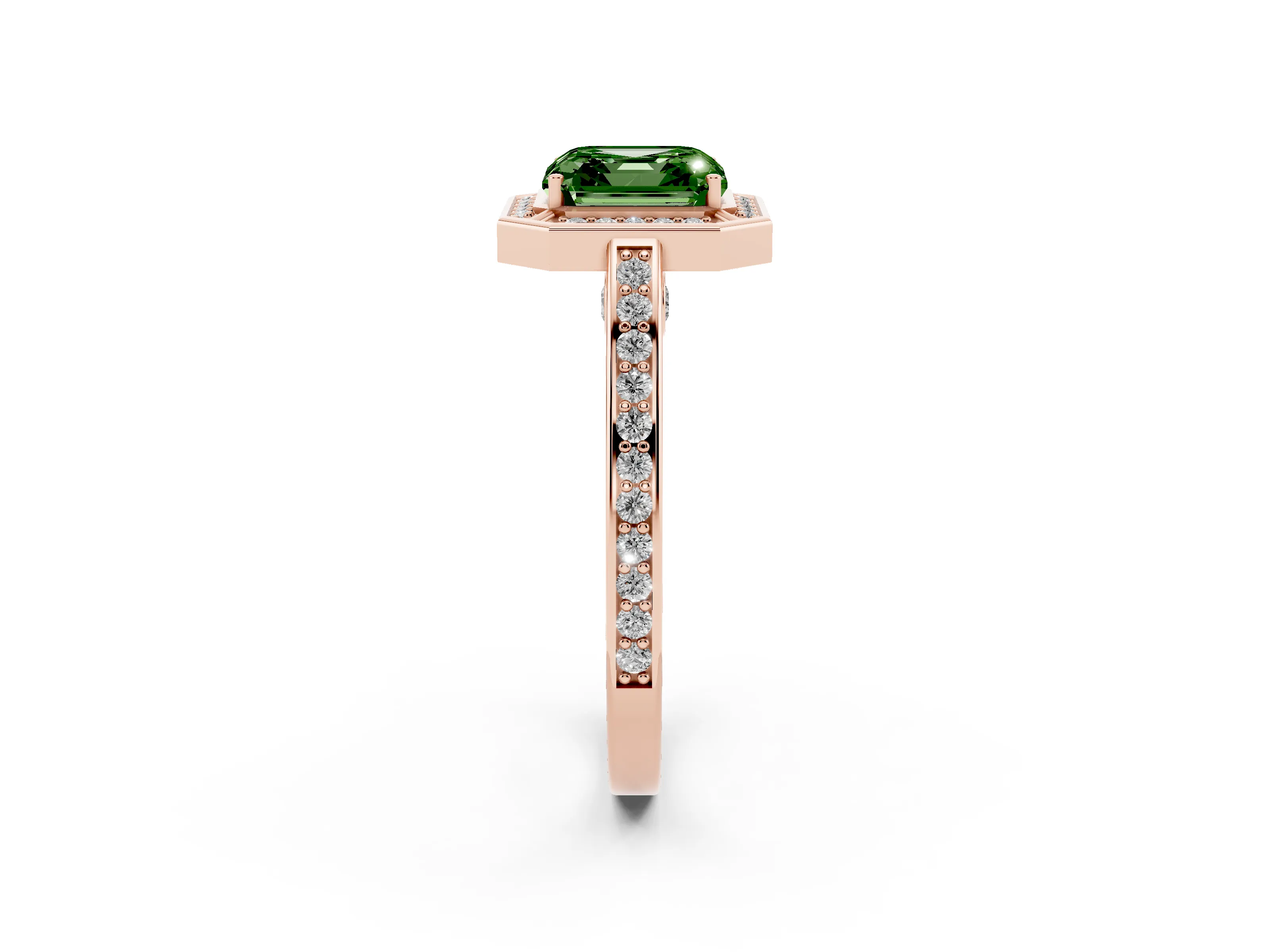 Fancy Green Asscher Cut Diamond Halo Pavé Split Shank Ring Set in Rose gold with Prong Setting