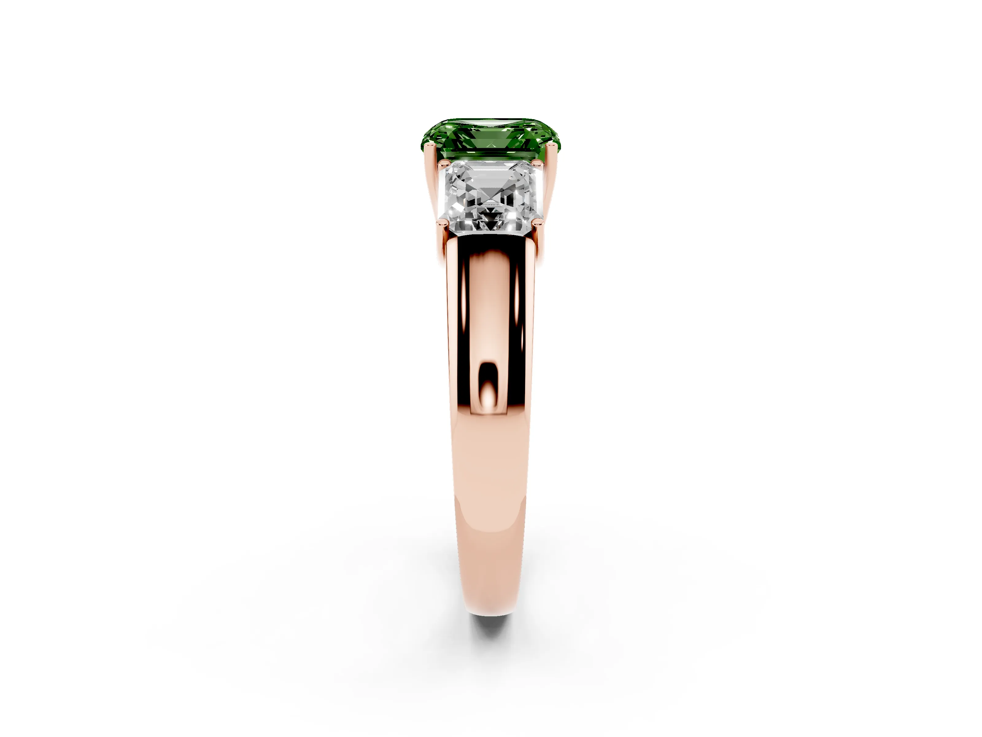 Fancy Green Three-Stone Asscher Cut Diamond Ring Set in Rose gold with Matching Prong Settings and Plain Band