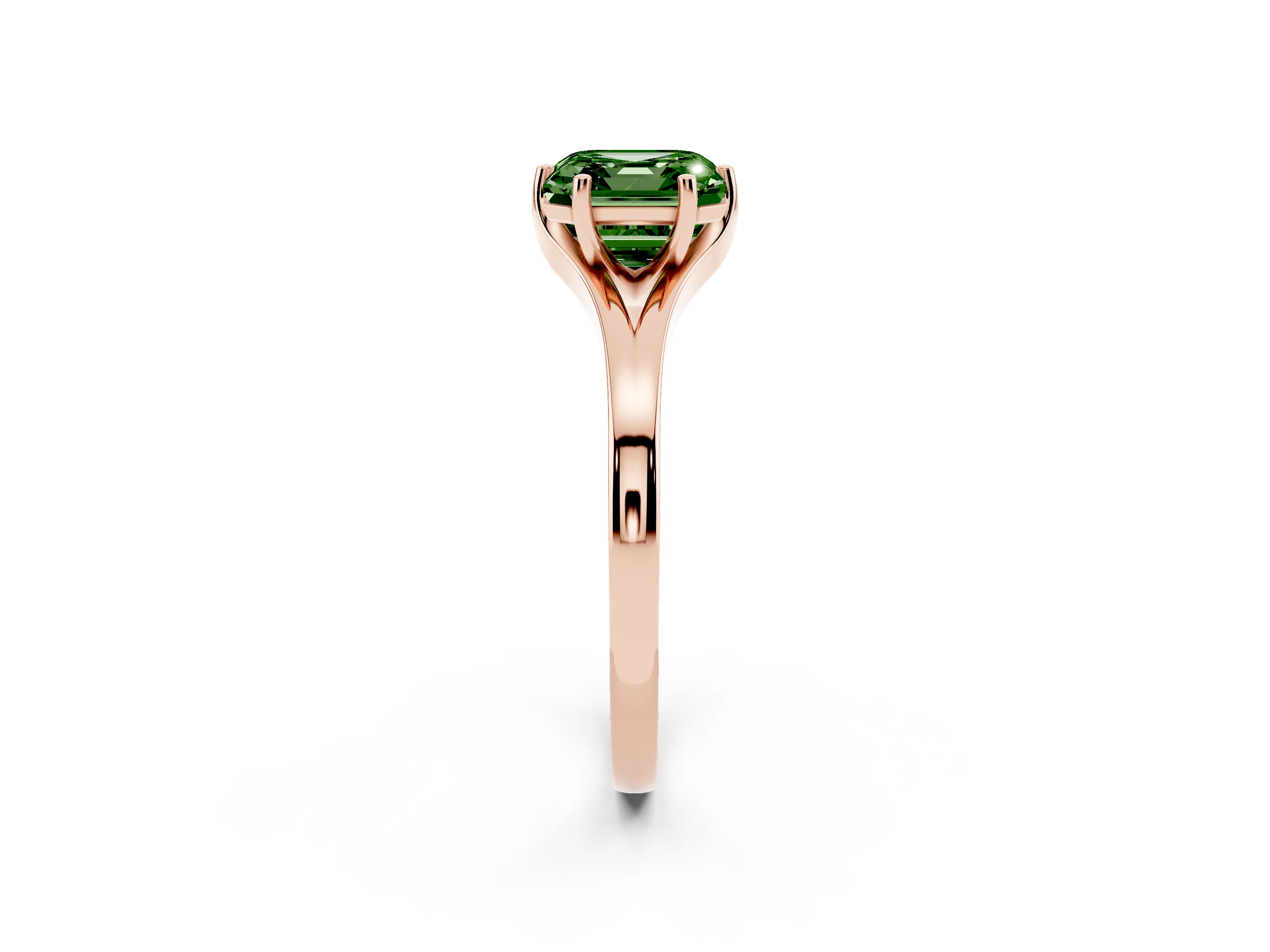 Fancy Green Asscher Cut Diamond Solitaire Ring Set in Rose gold with Polished Tapered Band and Prong Setting