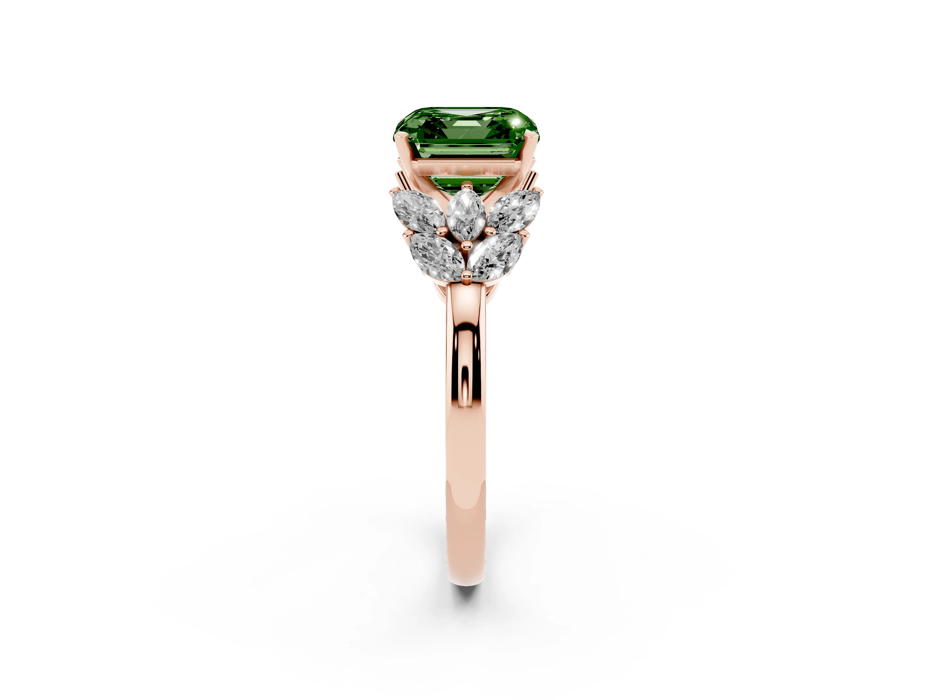 Fancy Green Asscher Cut Diamond Cluster Leaf Design Ring Set in Rose gold with Prong Setting