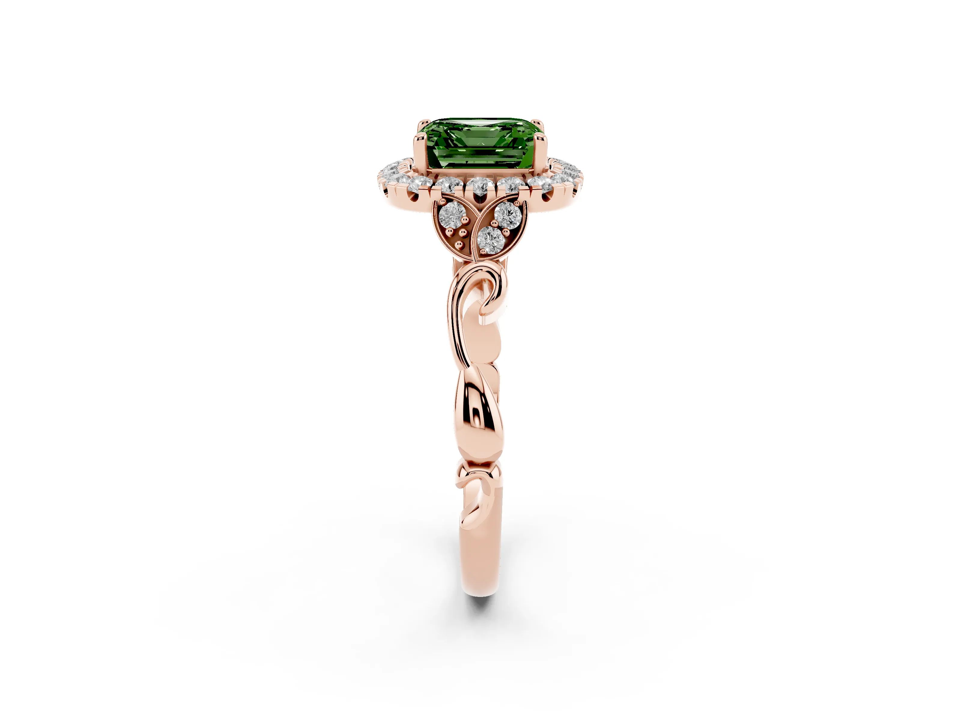 Fancy Green Asscher Cut Diamond Halo Engagement Ring Set in Rose gold with Vintage-Inspired Band and Prong Setting