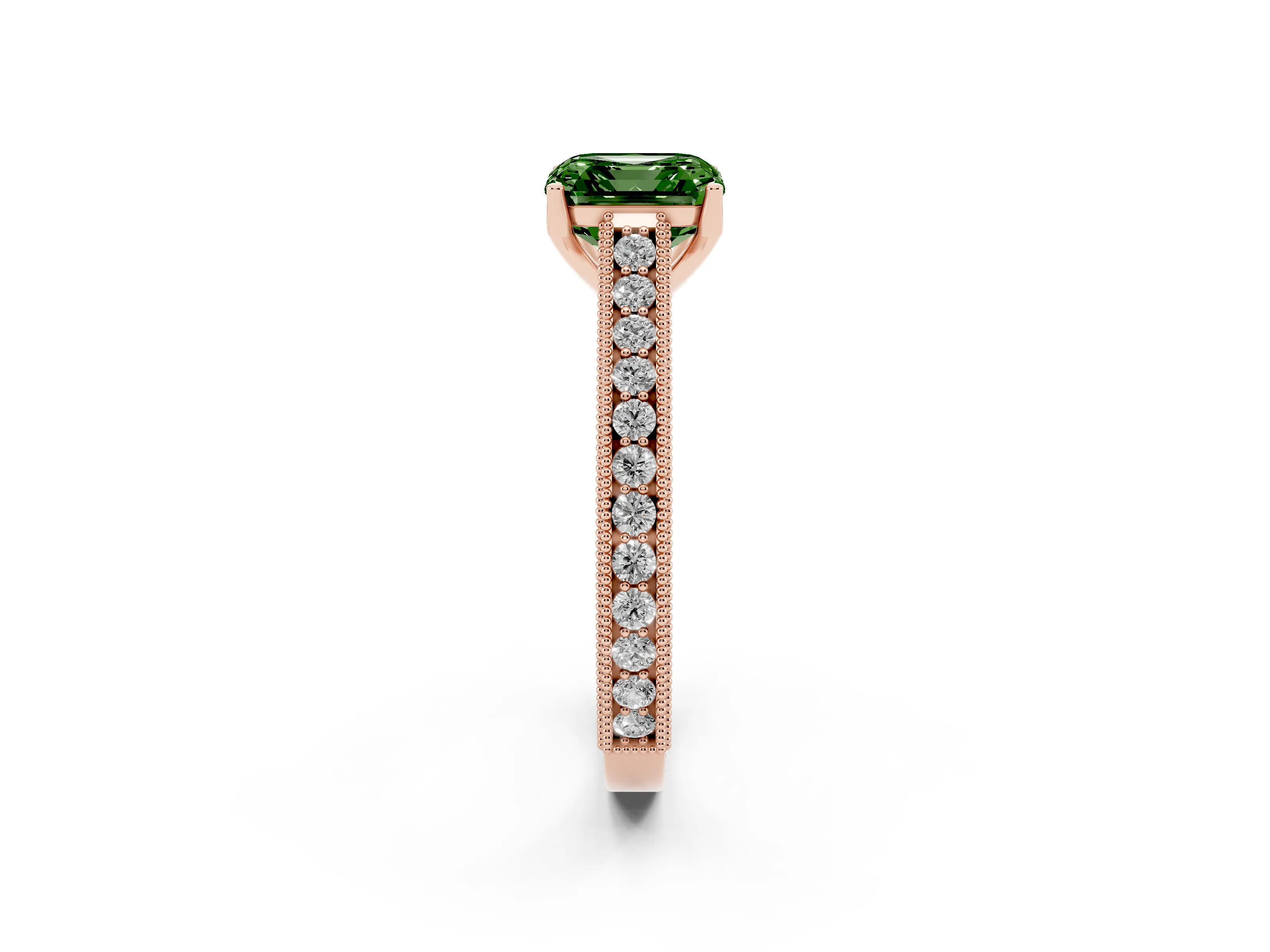 Fancy Green Asscher Cut Diamond Milgrain Pavé Band Solitaire Ring Set in Rose gold with Prong Setting