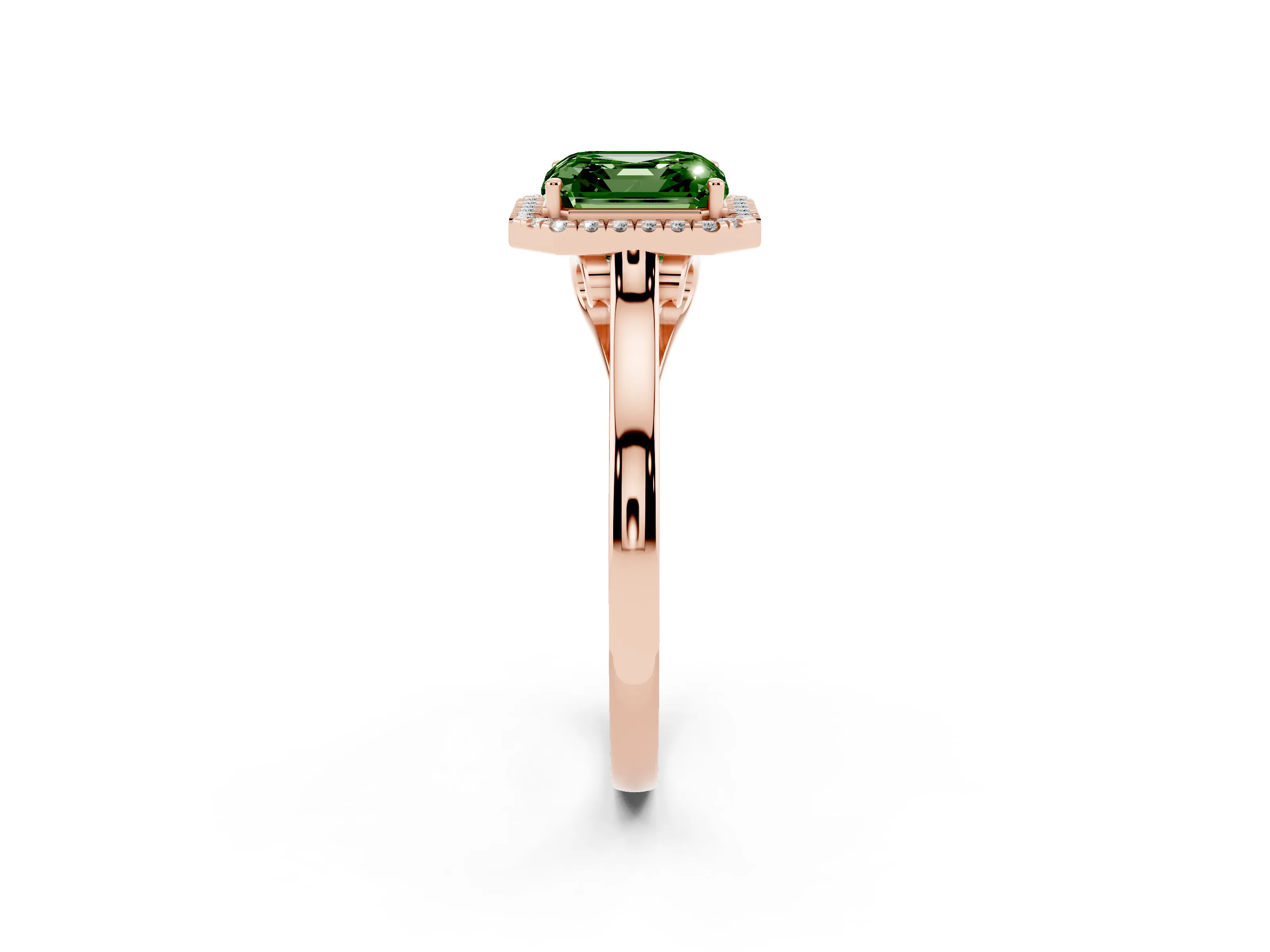 Fancy Green Asscher Cut Halo Round Diamond Solitaire Ring Set in Rose gold with Pavé Band and Prong Setting