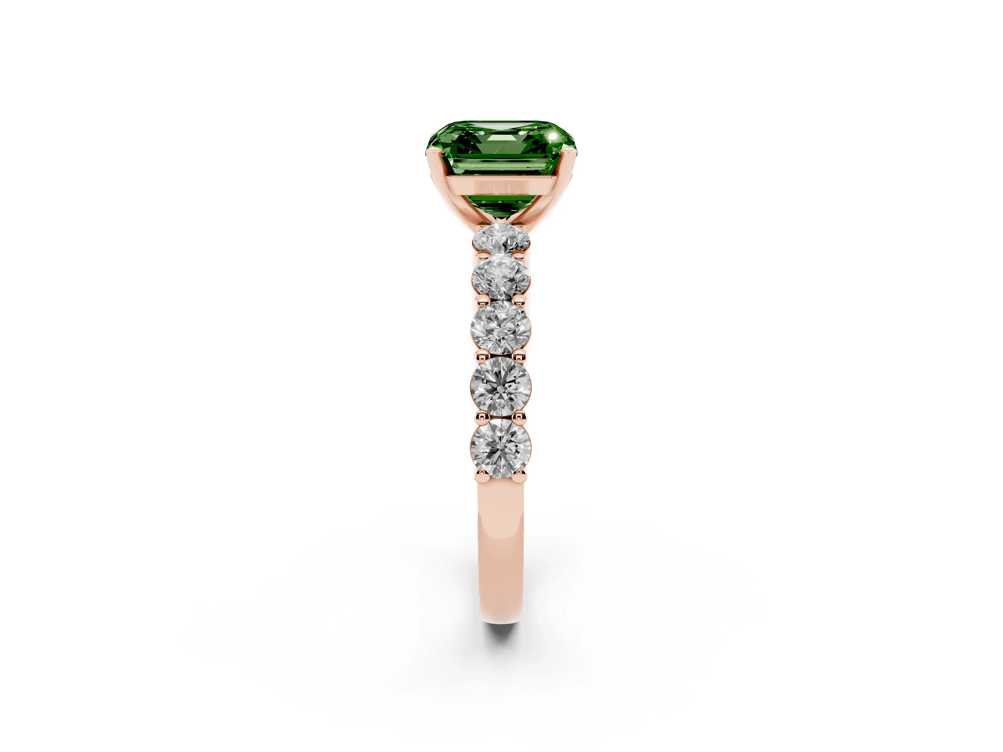 Fancy Green Asscher Cut Diamond Solitaire Ring Set in Rose gold with Shared Prong Round Side Stones