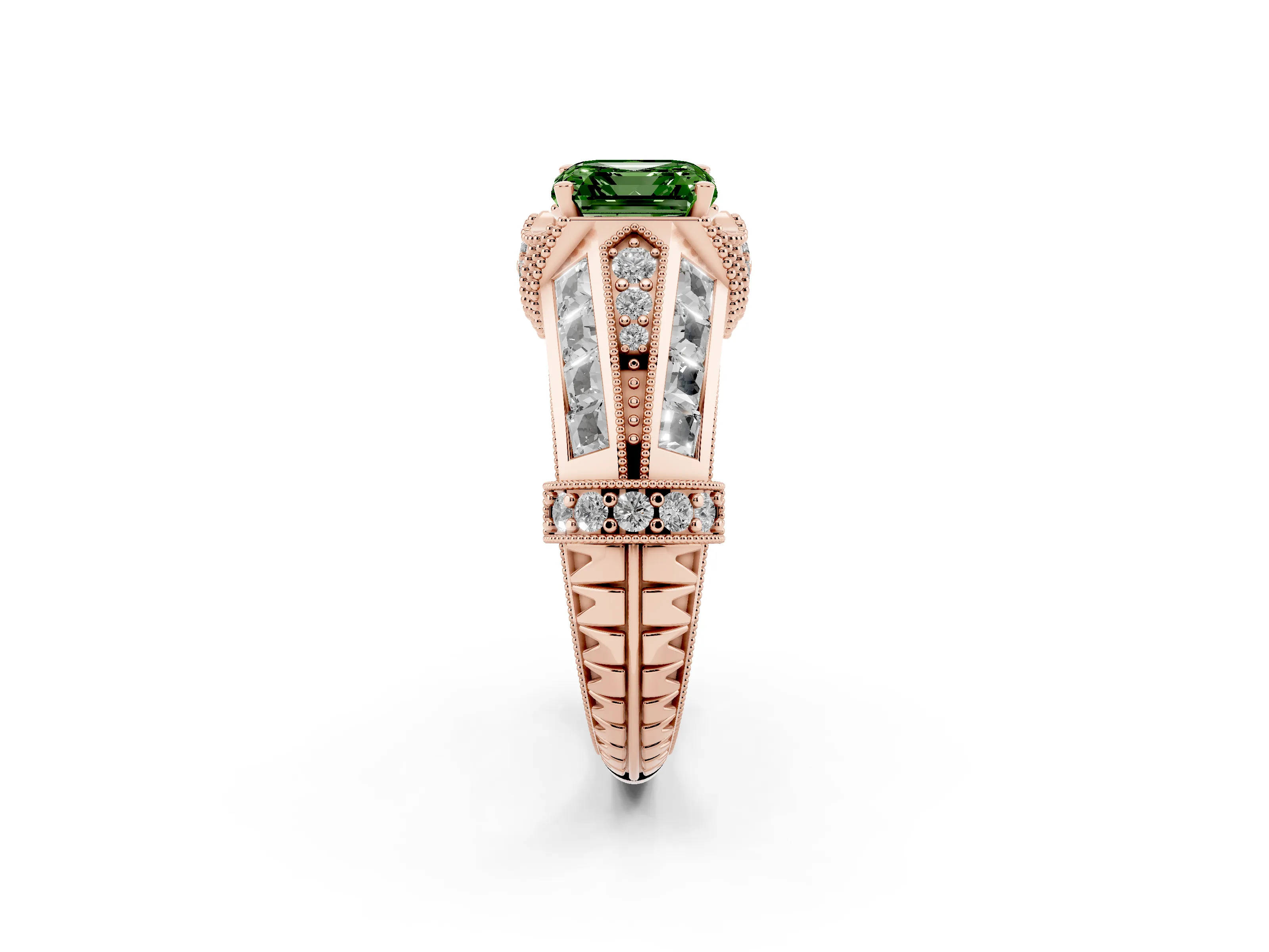 Fancy Green Asscher Cut Diamond Vintage-Inspired Milgrain Ring Set in Rose gold with Accent Split Shank