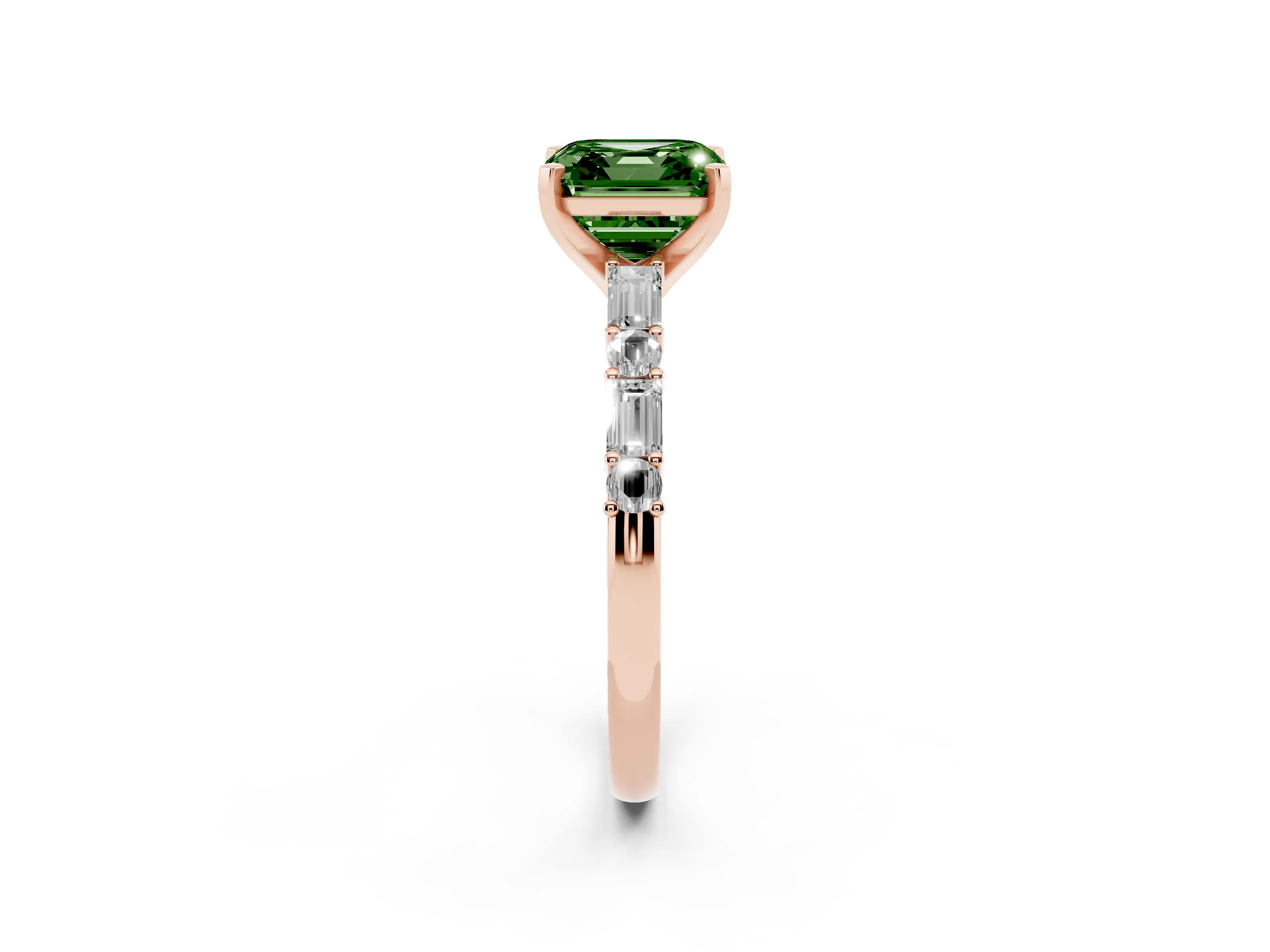 Fancy Green Asscher Cut Diamond Solitaire Set in Rose gold with Side Baguettes and Channel Set Band