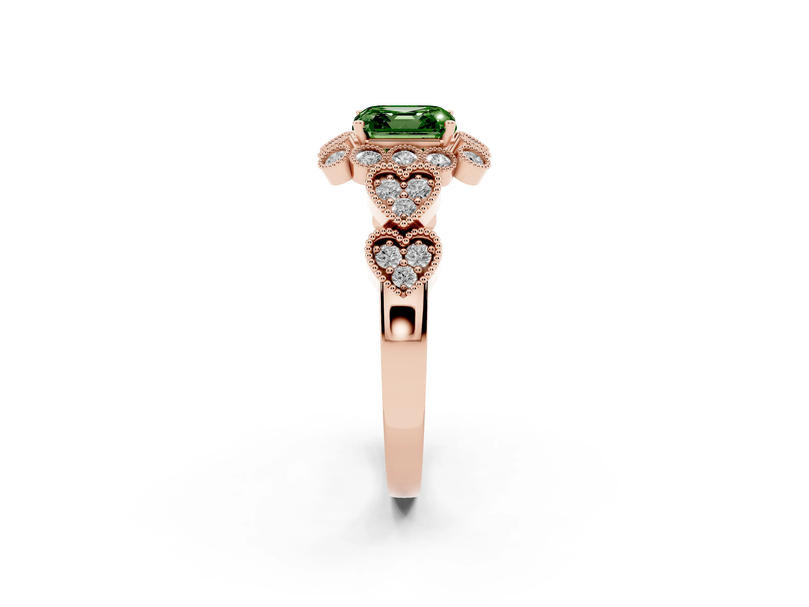 Fancy Green Asscher Cut Diamond Solitaire Ring Set in Rose gold with Milgrain Pavé Heart Band