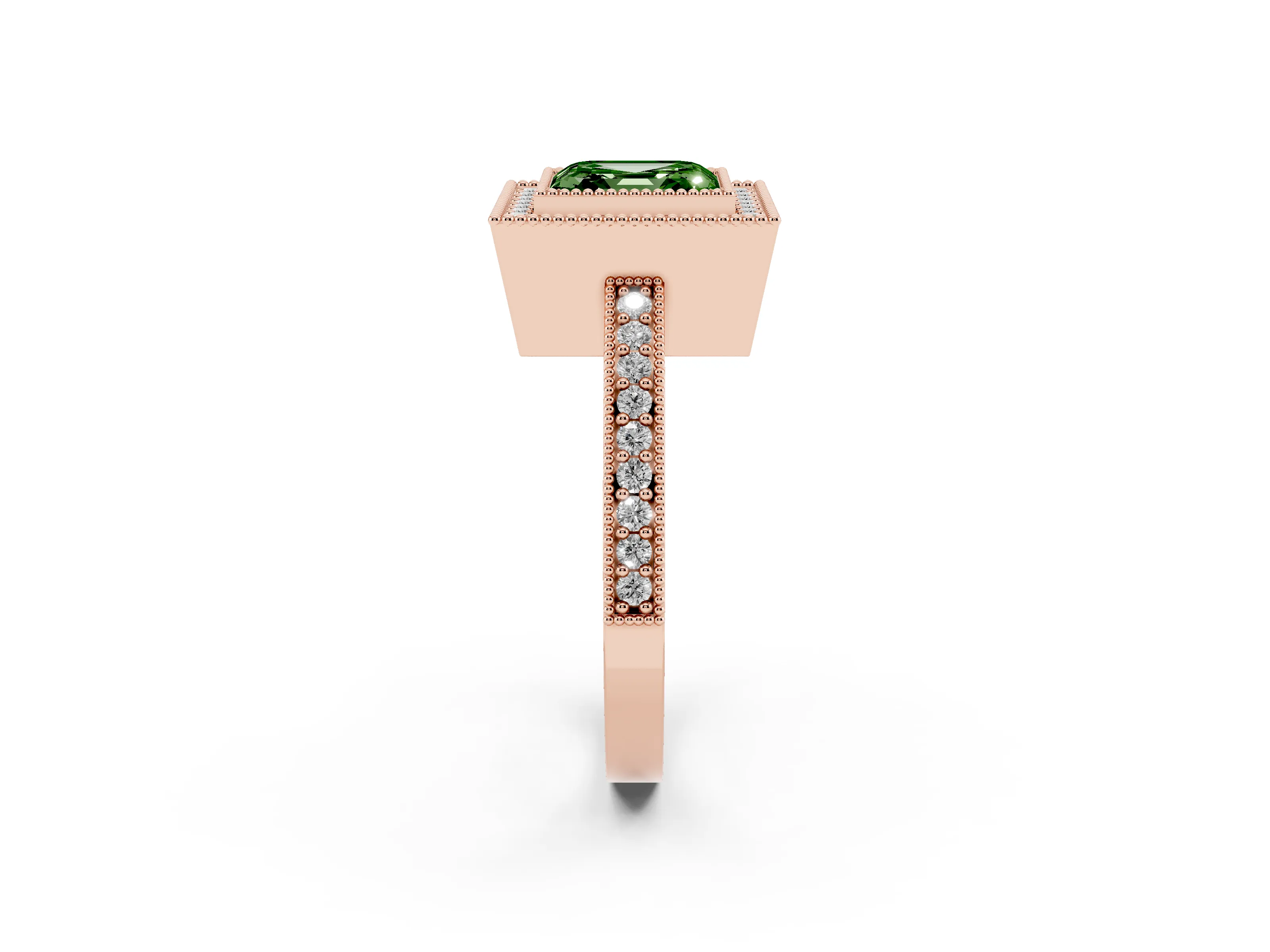Fancy Green Asscher Cut Diamond Halo Engagement Ring Set in Rose gold with Pavé Band and Round Halo Stones