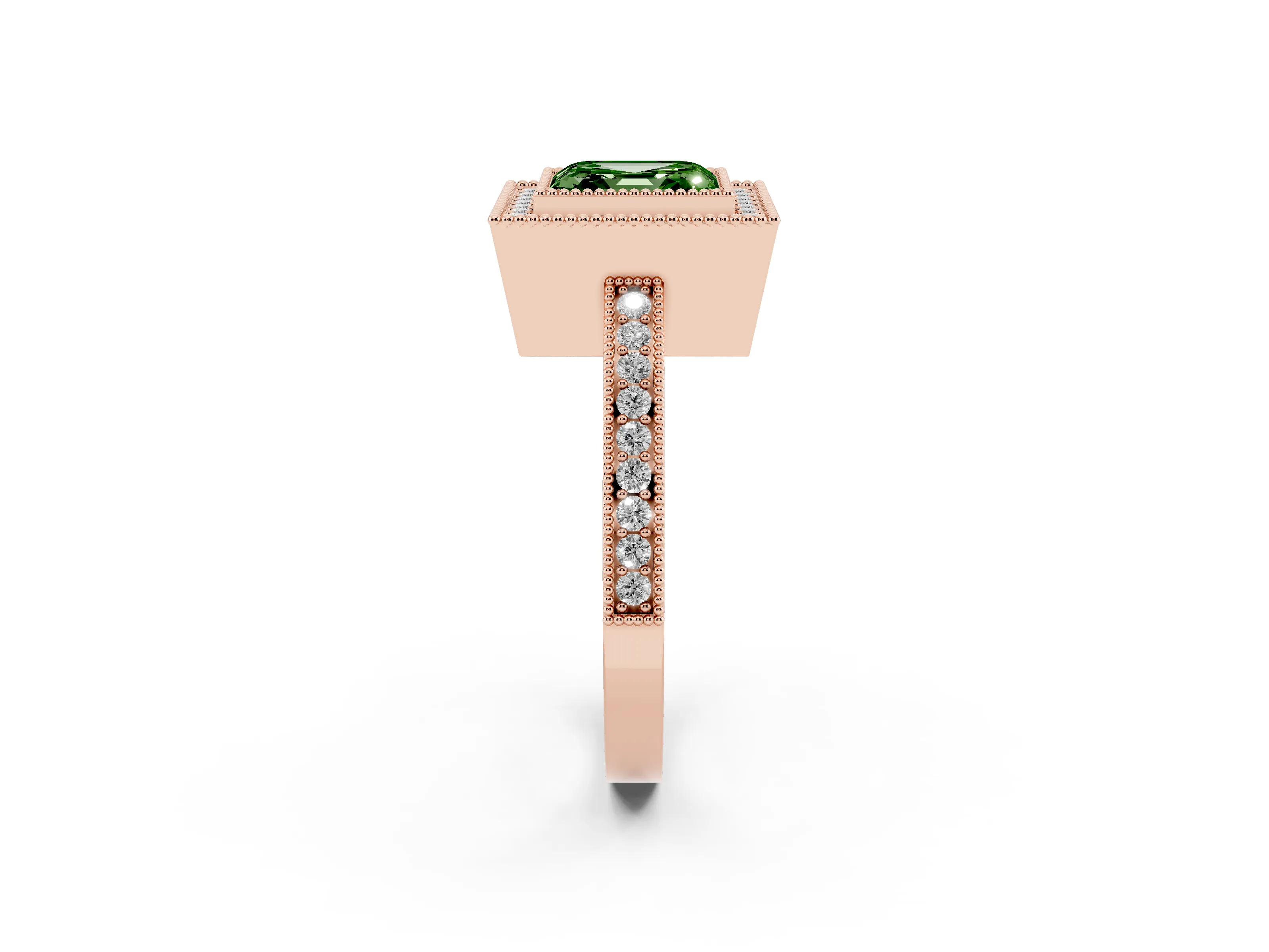Fancy Green Asscher Cut Diamond Round Halo Ring Set in Rose gold with Pavé Band