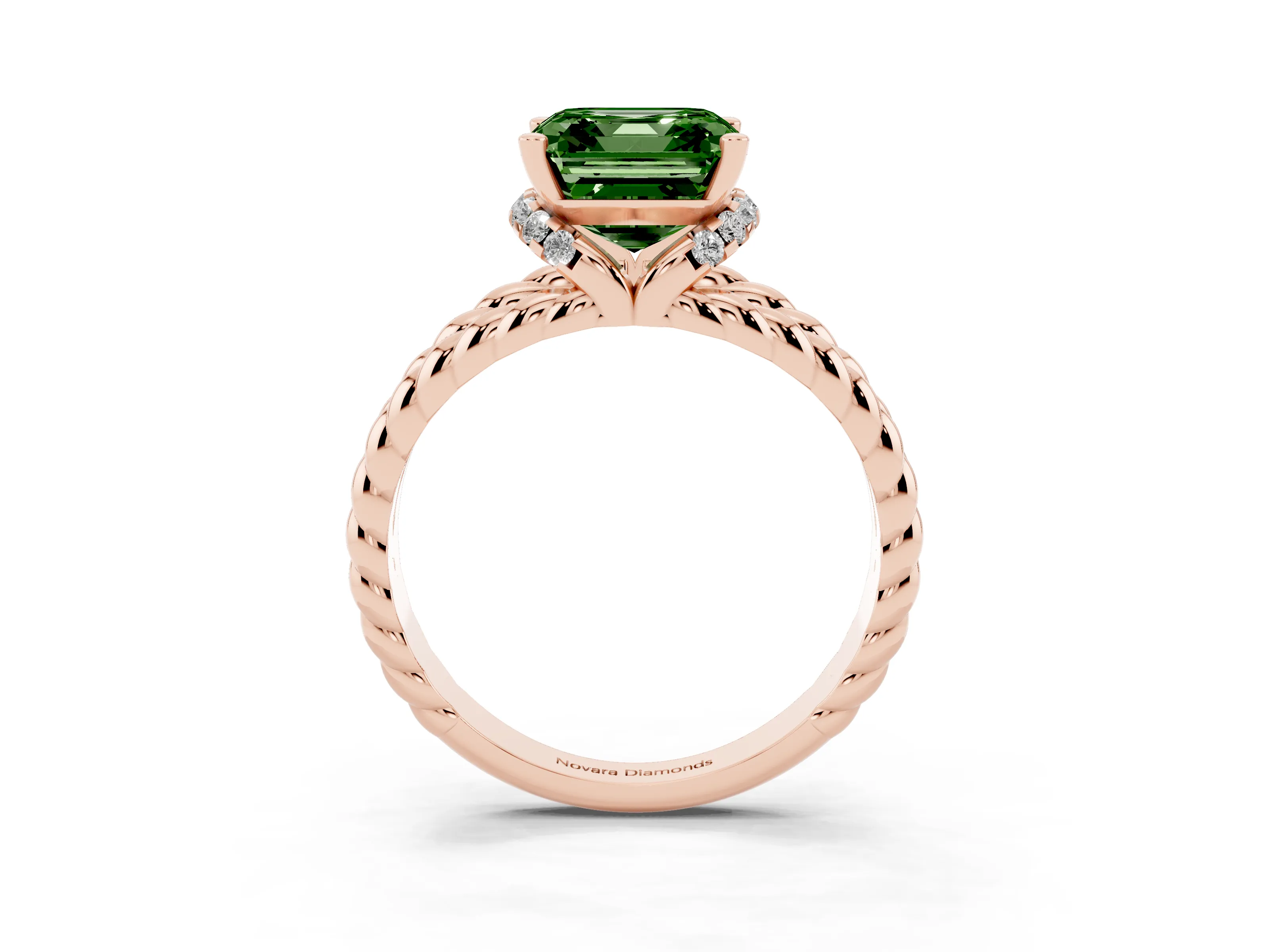 Fancy Green Asscher Cut Diamond Halo Ring Set in Rose gold with Twisted Band and Prong Setting