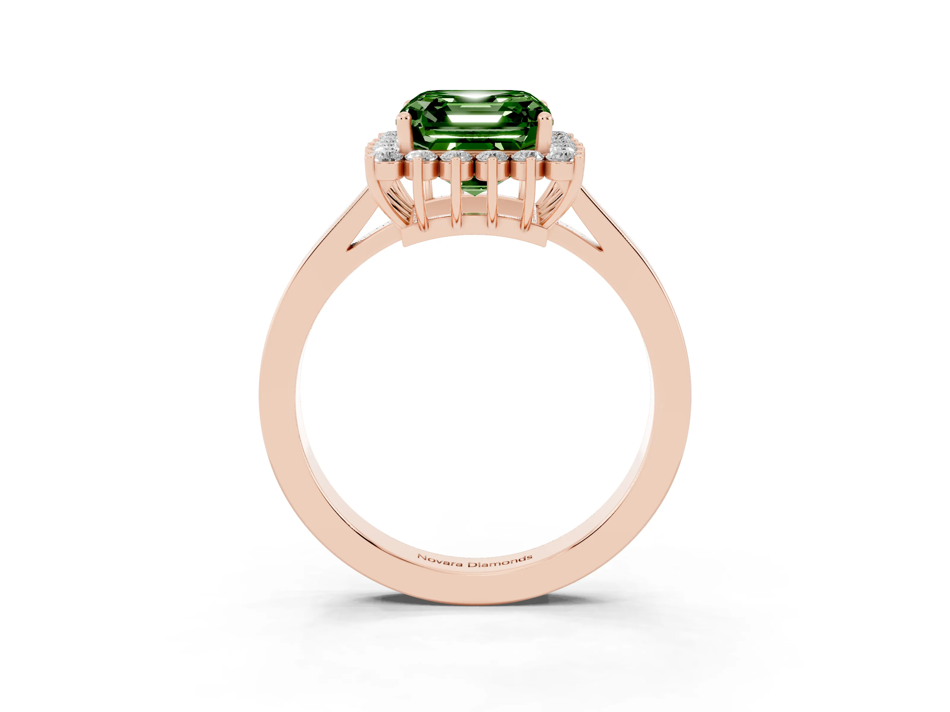 Fancy Green Asscher Cut Diamond Halo Ring Set in Rose gold with Round Halo and Smooth Solitaire Band