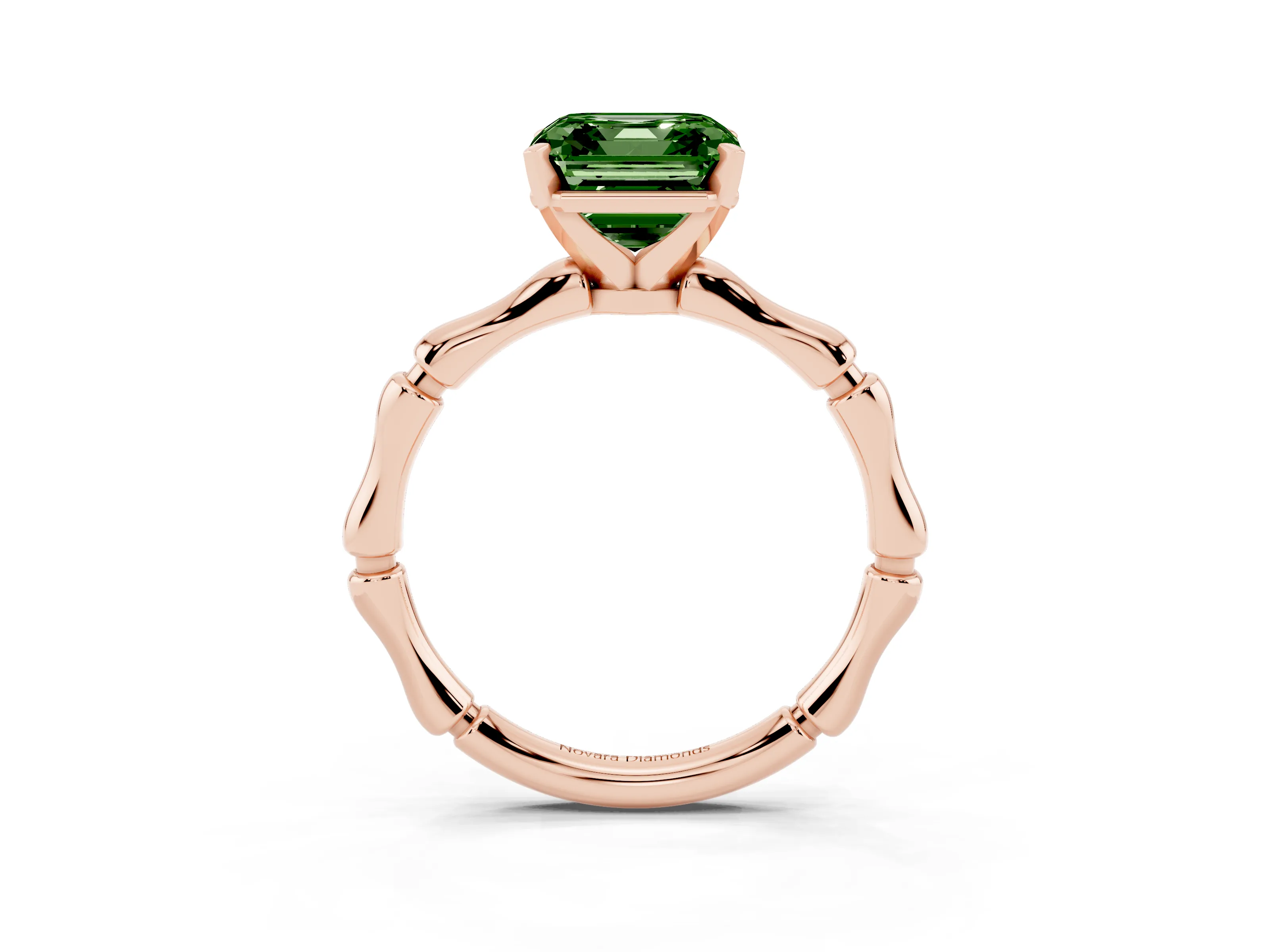 Fancy Green Asscher Cut Diamond Solitaire Ring Set in Rose gold with Bamboo Band and Prong Setting