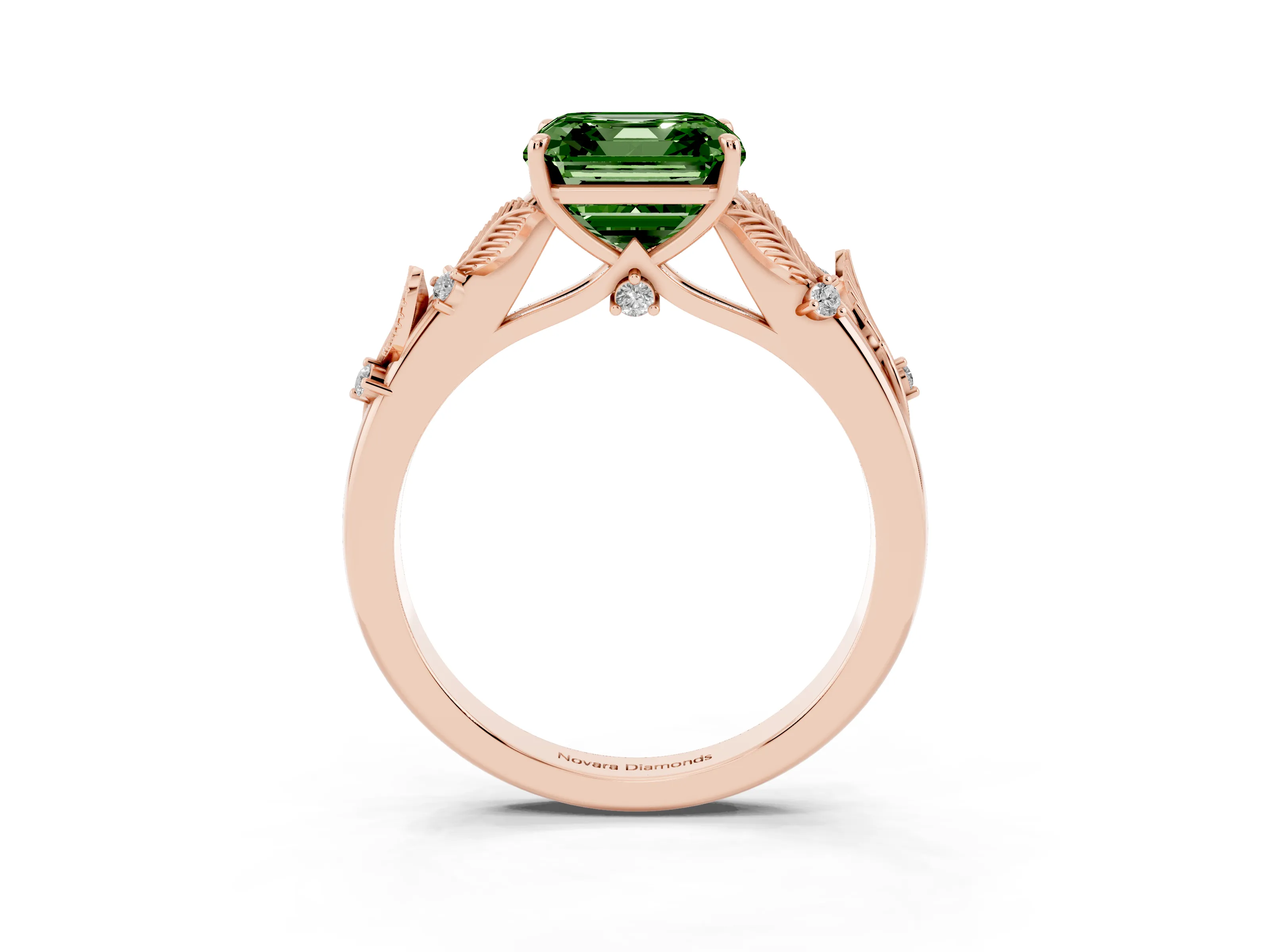 Fancy Green Asscher Cut Diamond Solitaire Ring Set in Rose gold with Leaf Motif Band
