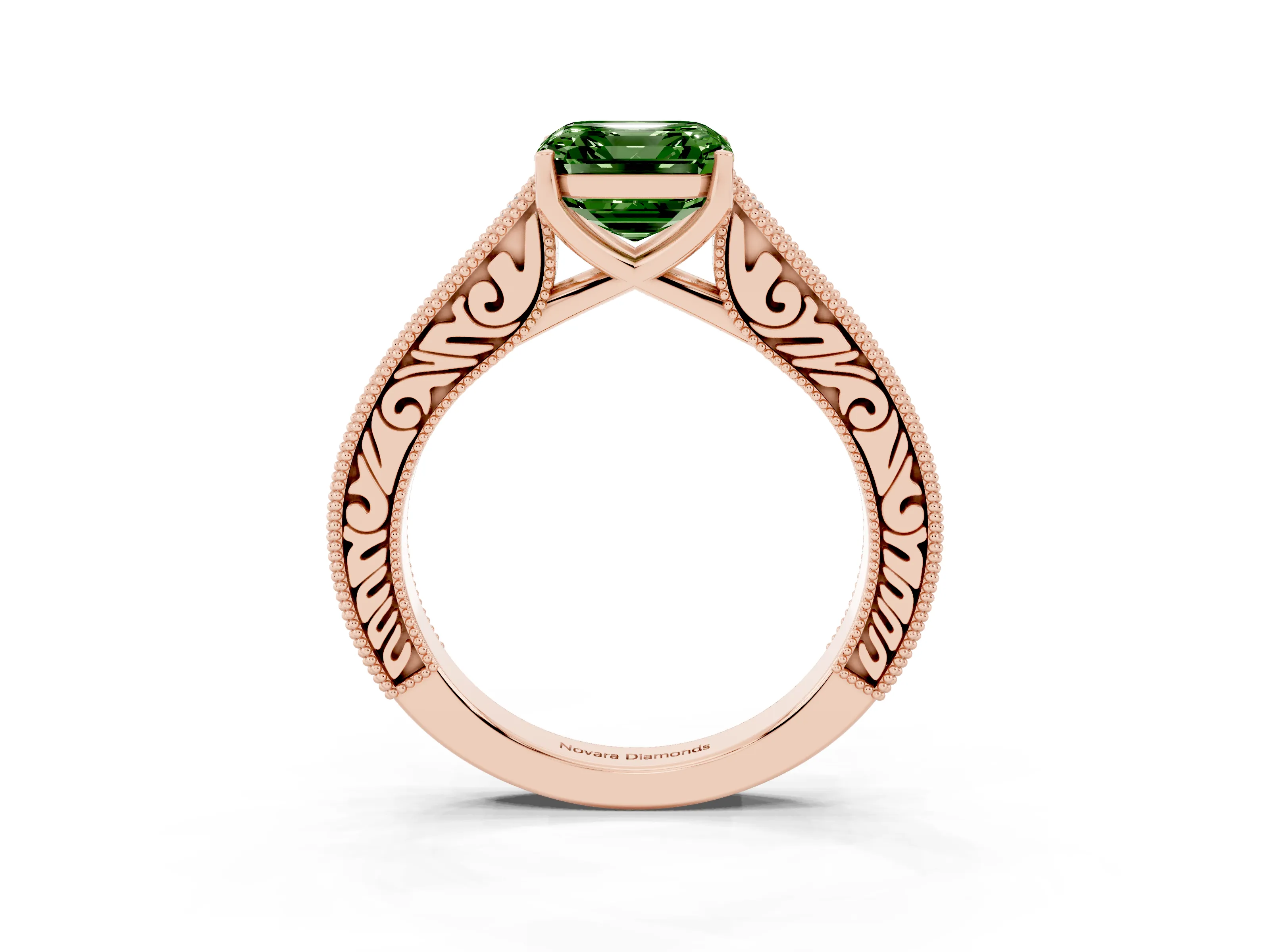 Fancy Green Asscher Cut Diamond Milgrain Pavé Band Solitaire Ring Set in Rose gold with Prong Setting