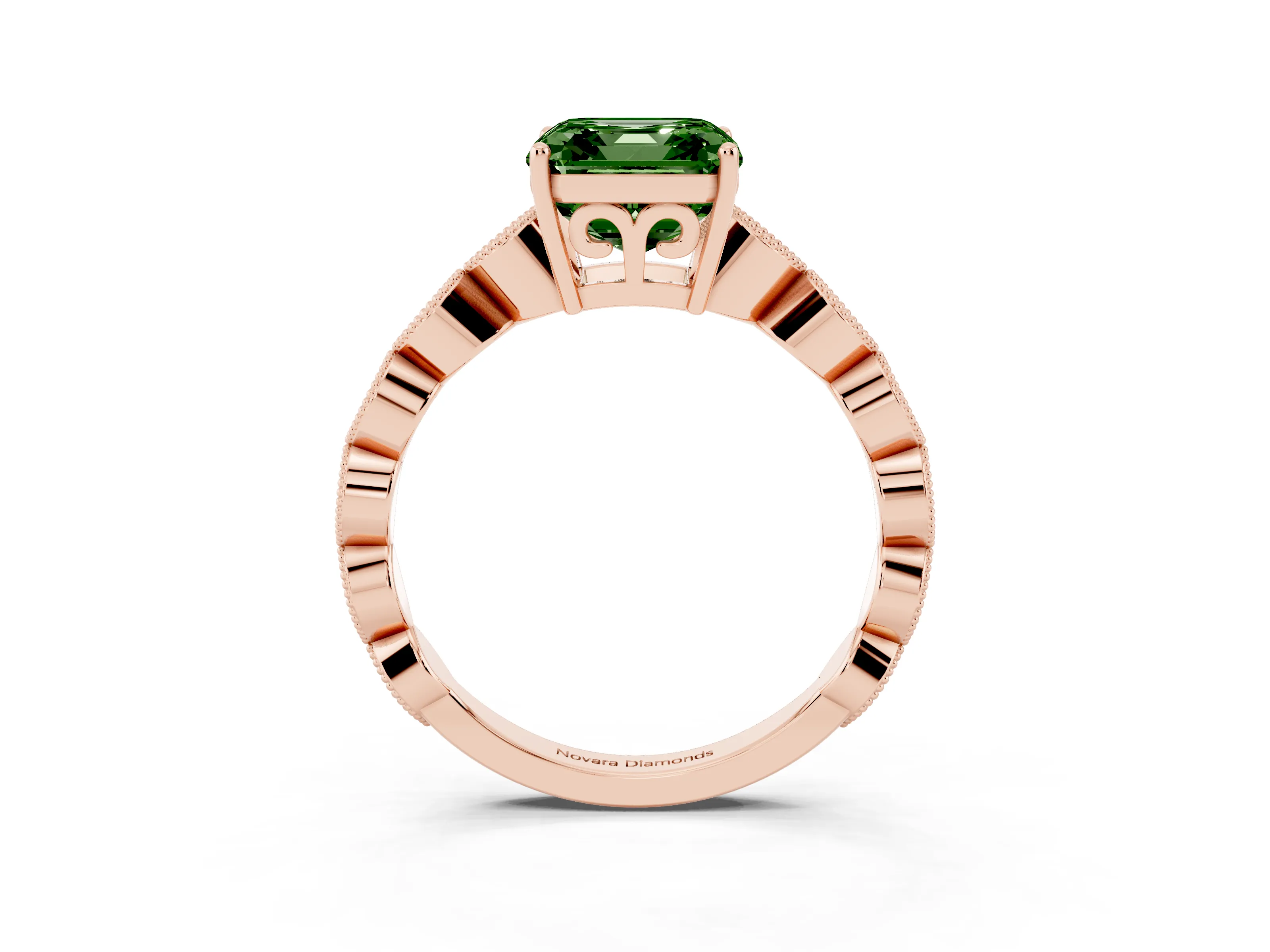 Fancy Green Asscher Cut Diamond Solitaire Ring Set in Rose gold with Infinity Twist Pavé Band