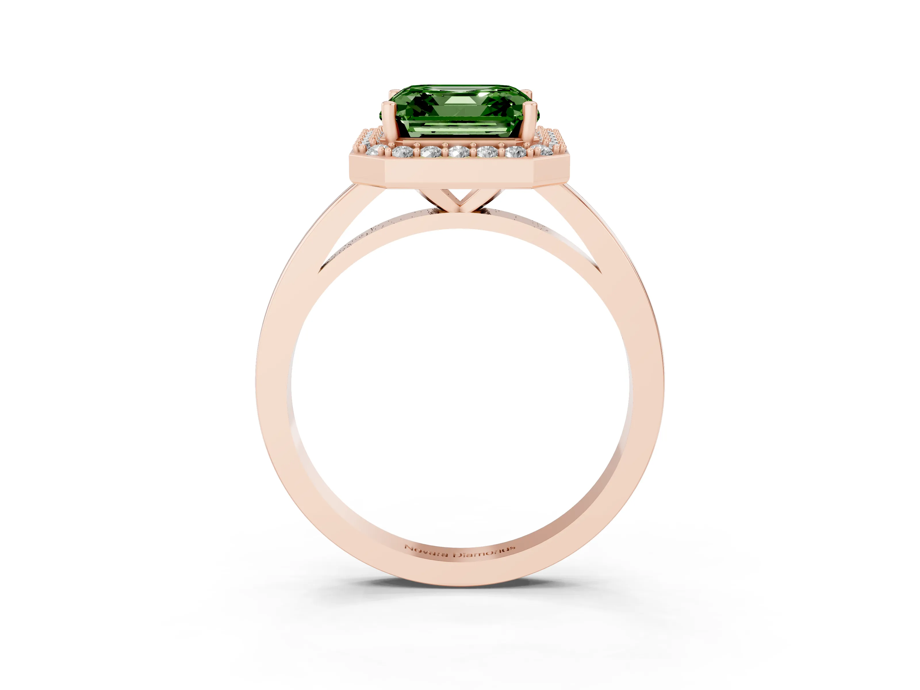 Fancy Green Asscher Cut Diamond Halo Ring Set in Rose gold with Solitaire Band and Prong Setting