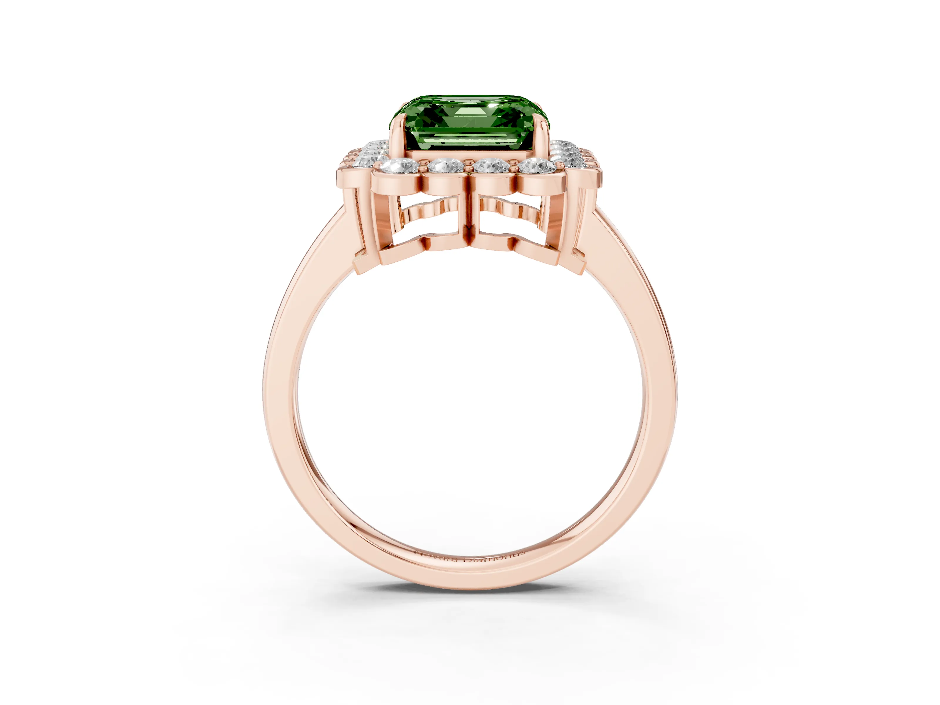 Fancy Green Asscher Cut Diamond Halo Cluster Engagement Ring Set in Rose gold with Solitaire Band and Prong Setting