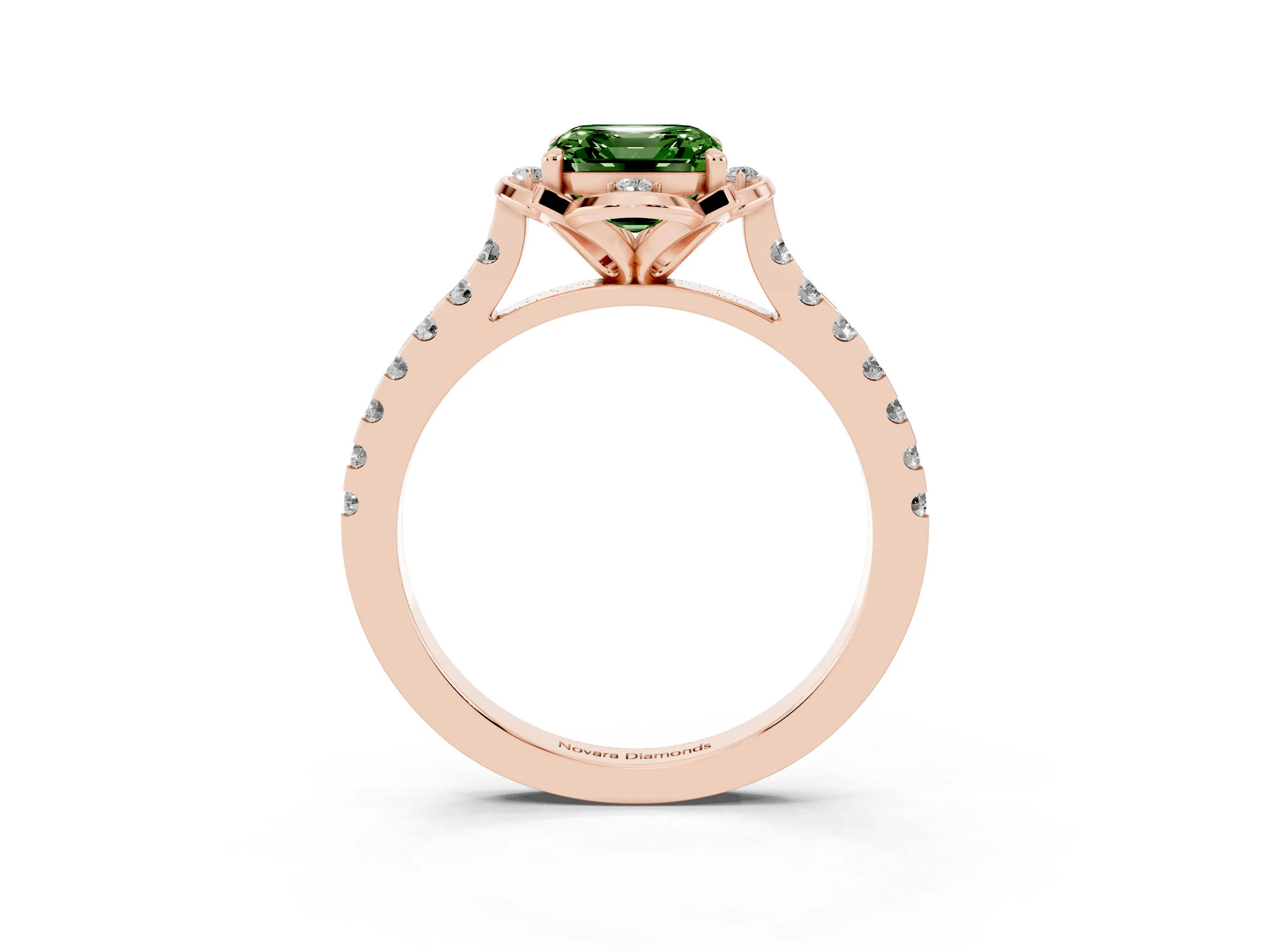 Fancy Green Asscher Cut Diamond Solitaire Ring Set in Rose gold with Pavé Band and Floral Prong Setting