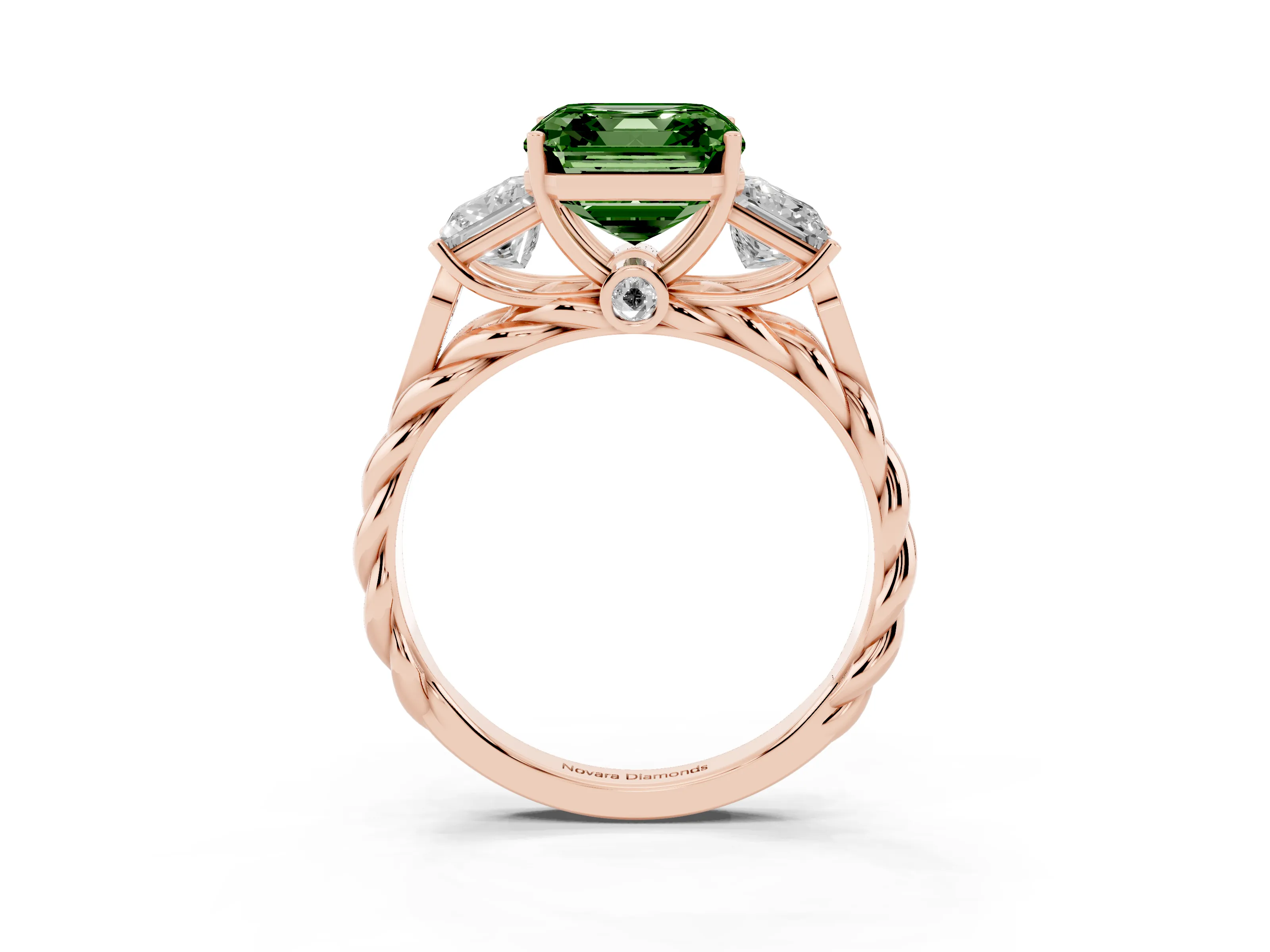 Fancy Green Asscher Cut Diamond Three-Stone Ring Set in Rose gold with Braided Band