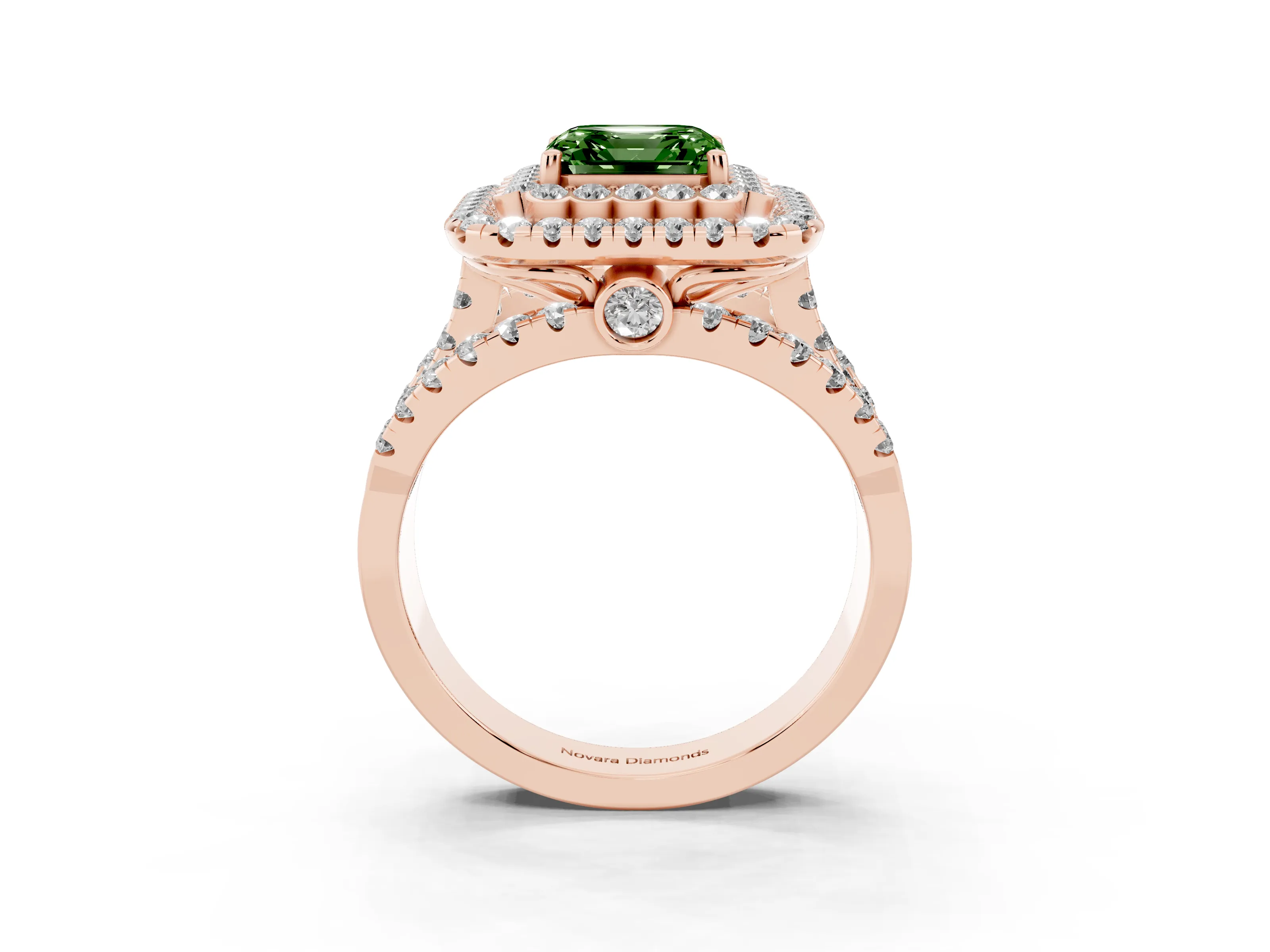 Fancy Green Asscher Cut Diamond Double Halo Ring Set in Rose gold with Round Pavé Split Shank