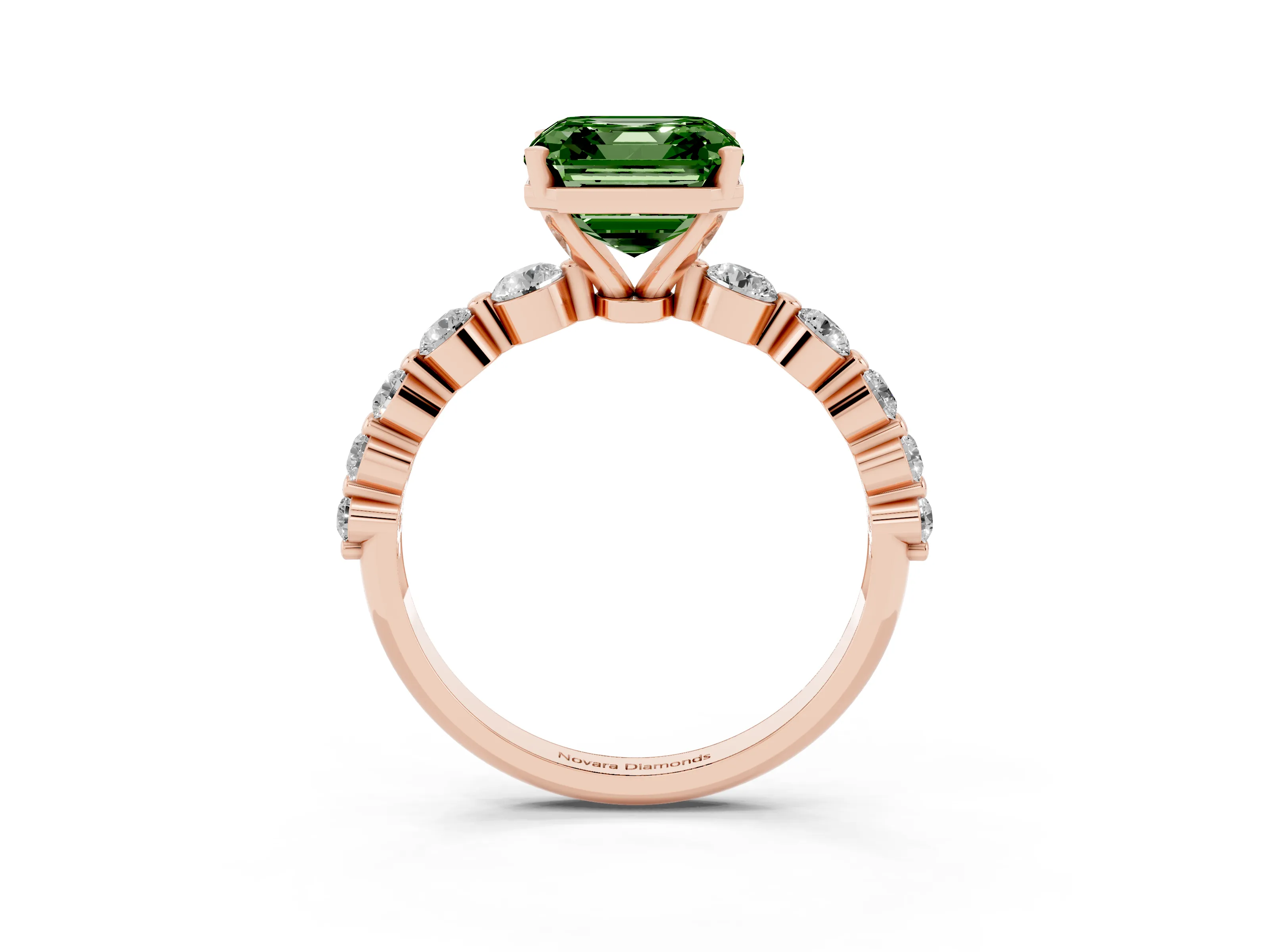 Fancy Green Asscher Cut Diamond Solitaire Ring Set in Rose gold with Pavé Band and Prong Setting