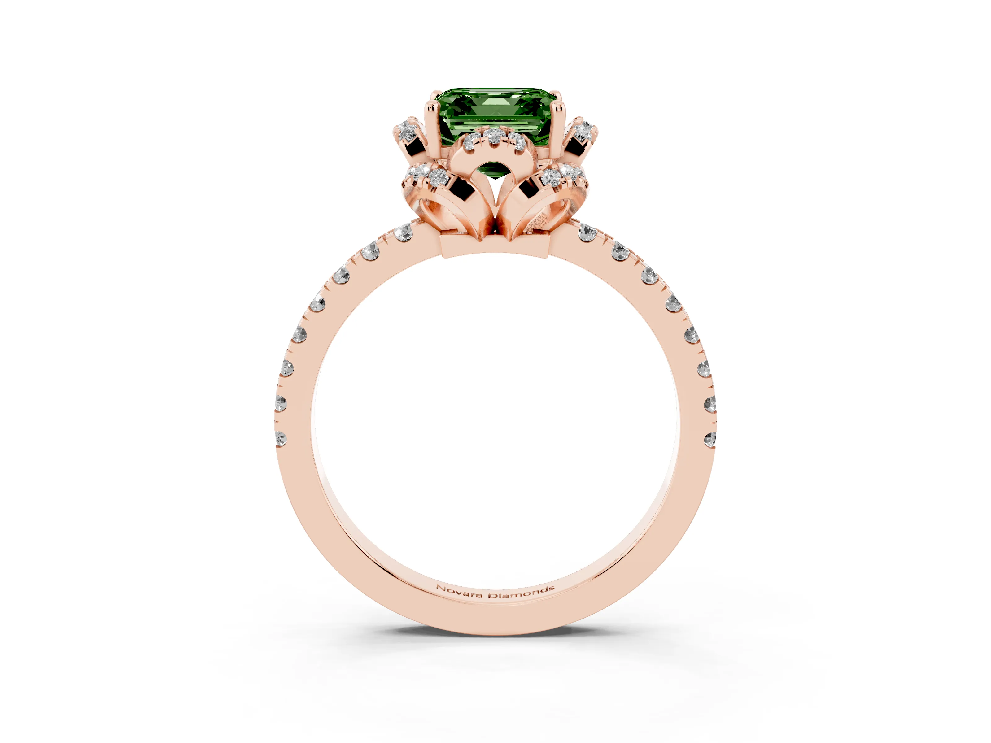 Fancy Green Asscher Cut Diamond Halo Pavé Band Ring Set in Rose gold with Prong-Held Center