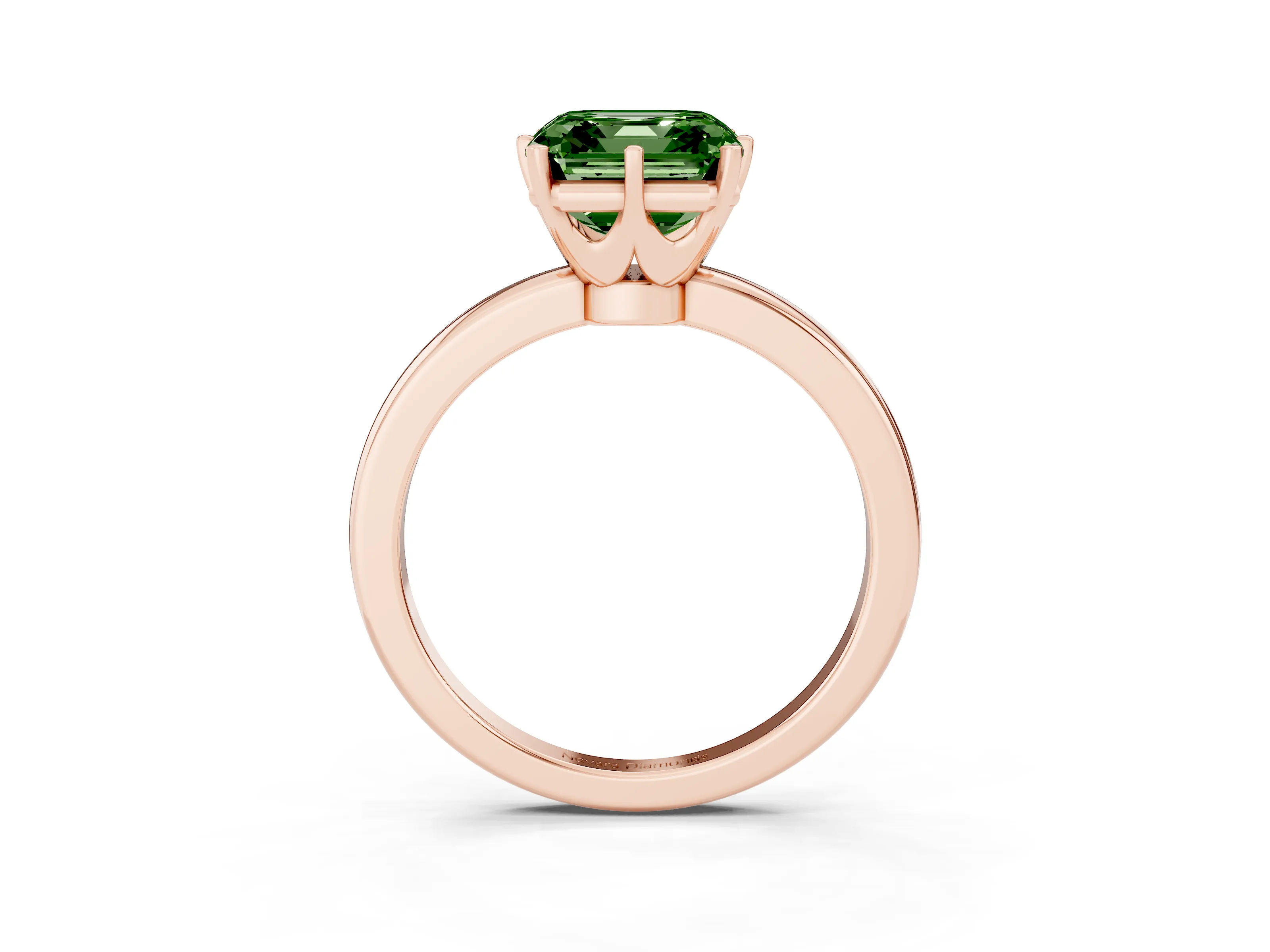 Fancy Green Asscher Cut Diamond Solitaire Ring Set in Rose gold with Raised Prong Setting on a Classic Band