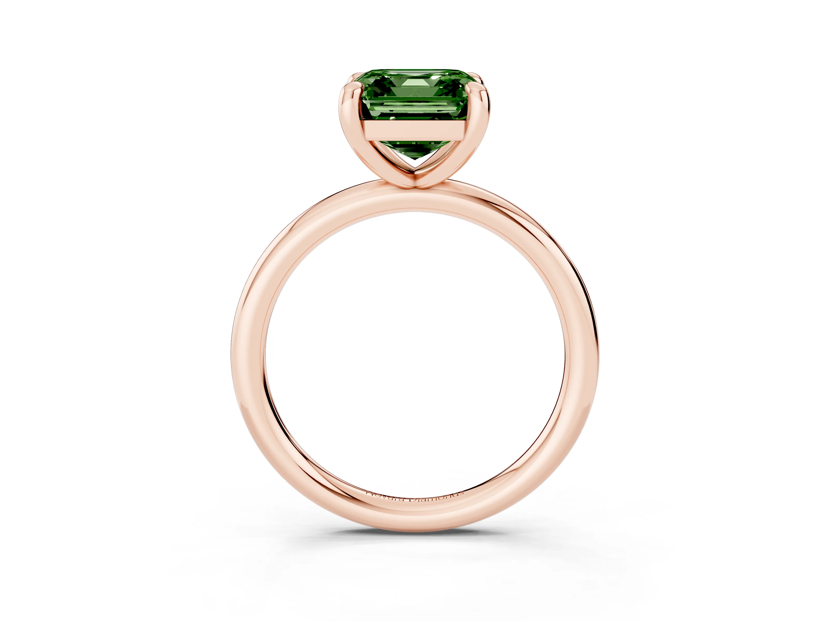 Fancy Green Asscher Cut Diamond Solitaire Ring Set in Rose gold with Prong Setting on a Polished Plain Band