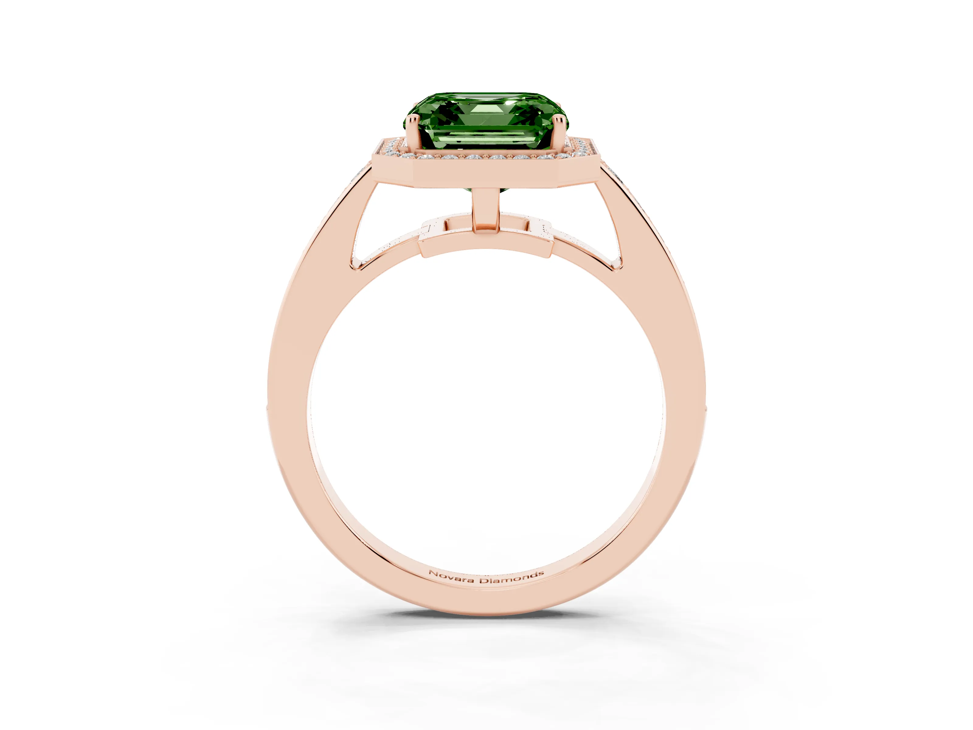 Fancy Green Asscher Cut Diamond Halo Pavé Engagement Ring Set in Rose gold with Bezel Setting