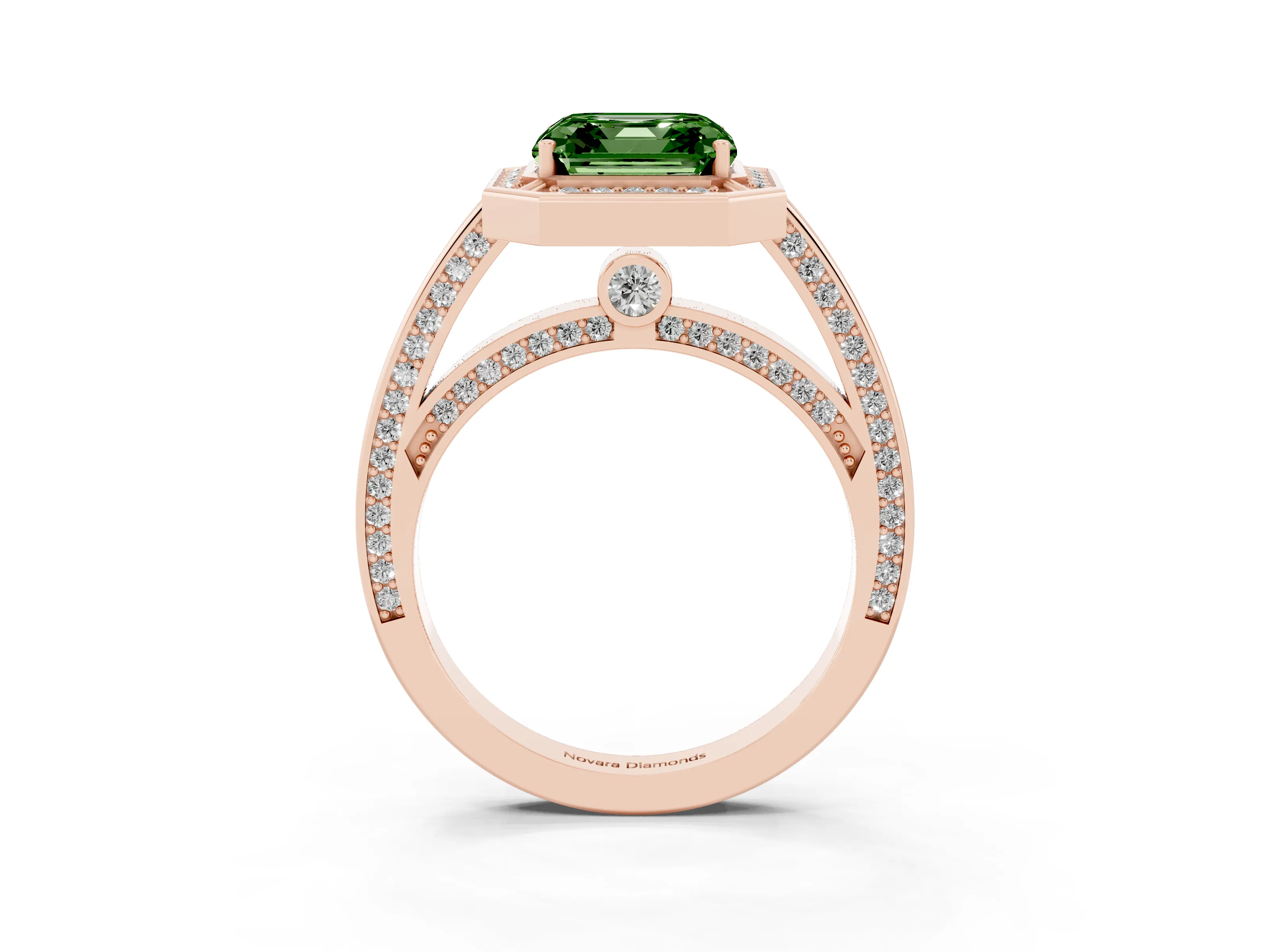 Fancy Green Asscher Cut Diamond Halo Pavé Split Shank Ring Set in Rose gold with Prong Setting