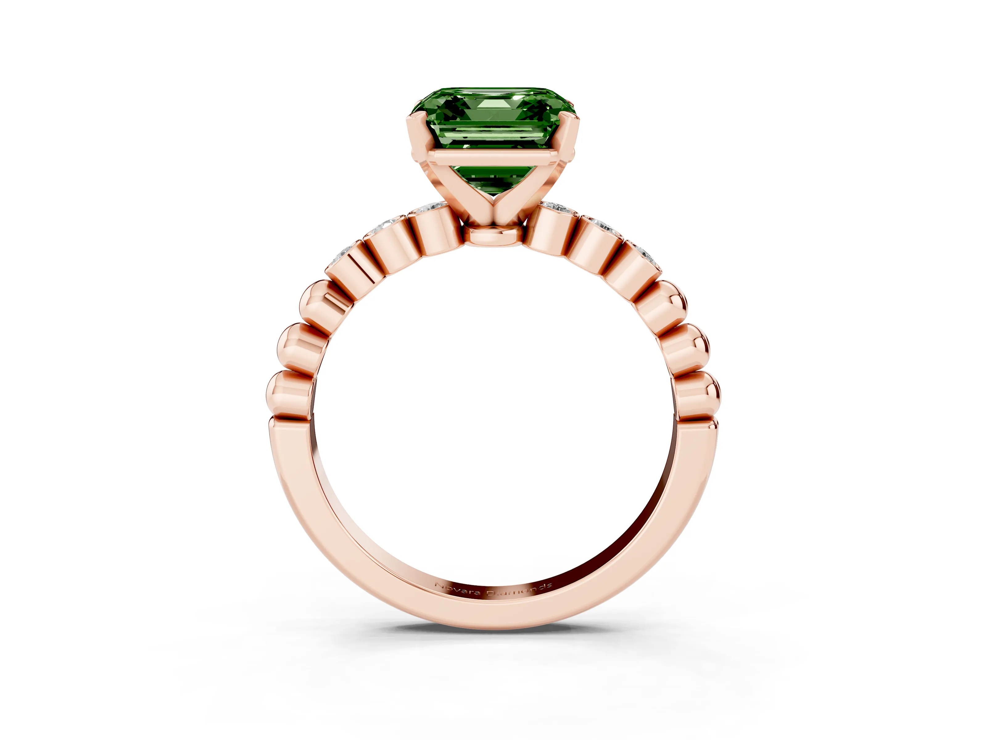 Fancy Green Asscher Cut Diamond Solitaire Engagement Ring Set in Rose gold with Bezel Accents on Beaded Band