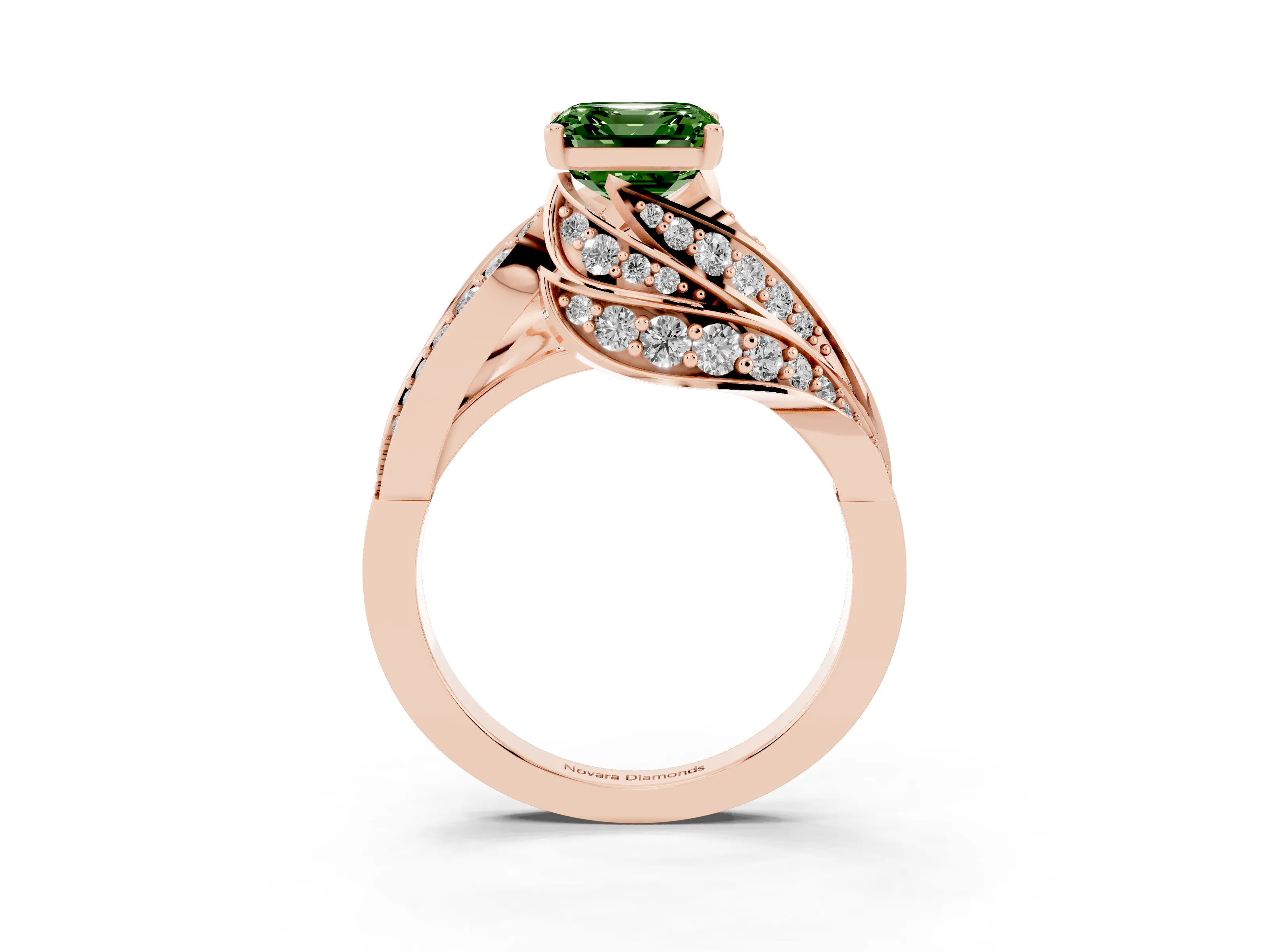 Fancy Green Asscher Cut Diamond Solitaire Ring Set in Rose gold with Layered Twist Pavé Band