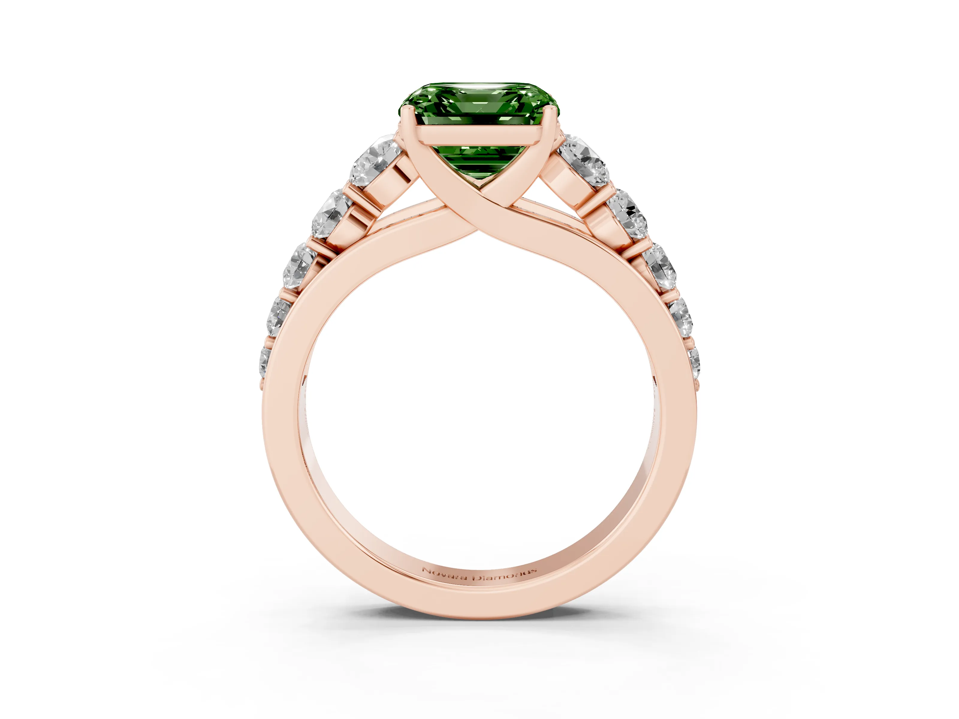 Fancy Green Asscher Cut Diamond Solitaire Ring Set in Rose gold with Pavé-Set Band and Prong Setting