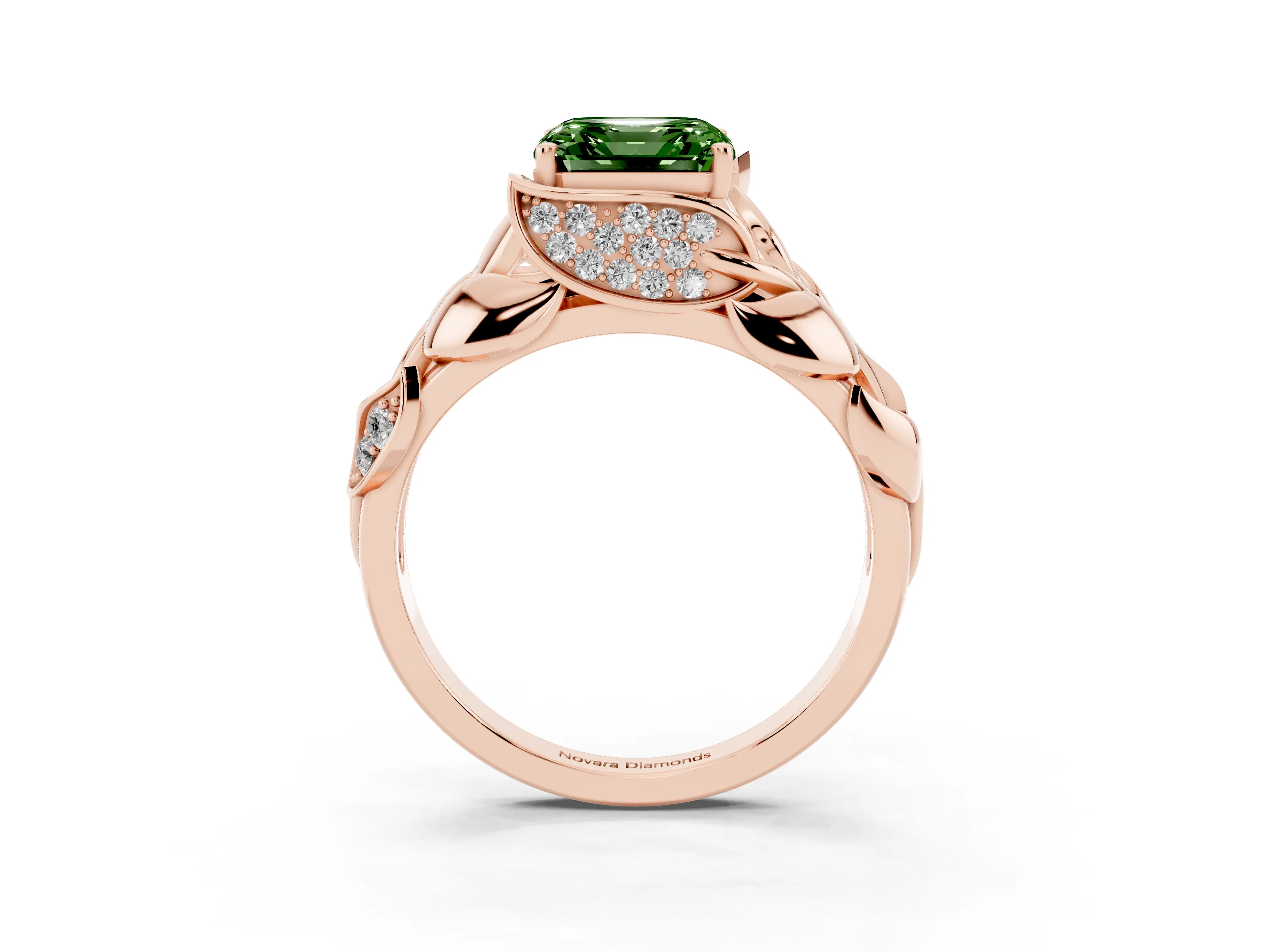 Fancy Green Asscher Cut Diamond Leaf-Inspired Engagement Ring Set in Rose gold with Round Accents