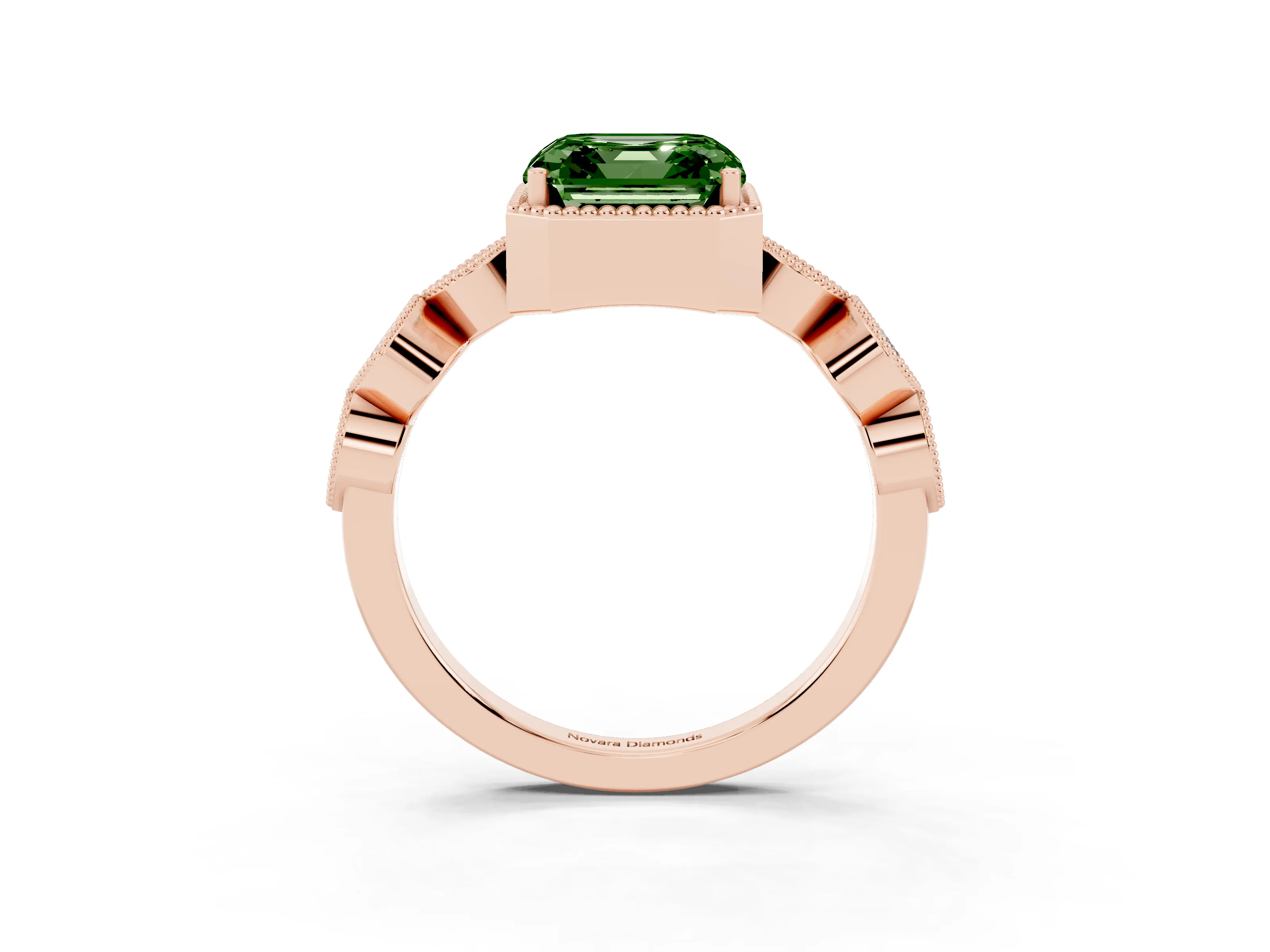 Fancy Green Asscher Cut Diamond Vintage-Inspired Milgrain Ring Set in Rose gold with Marquise Stations of Round Accents