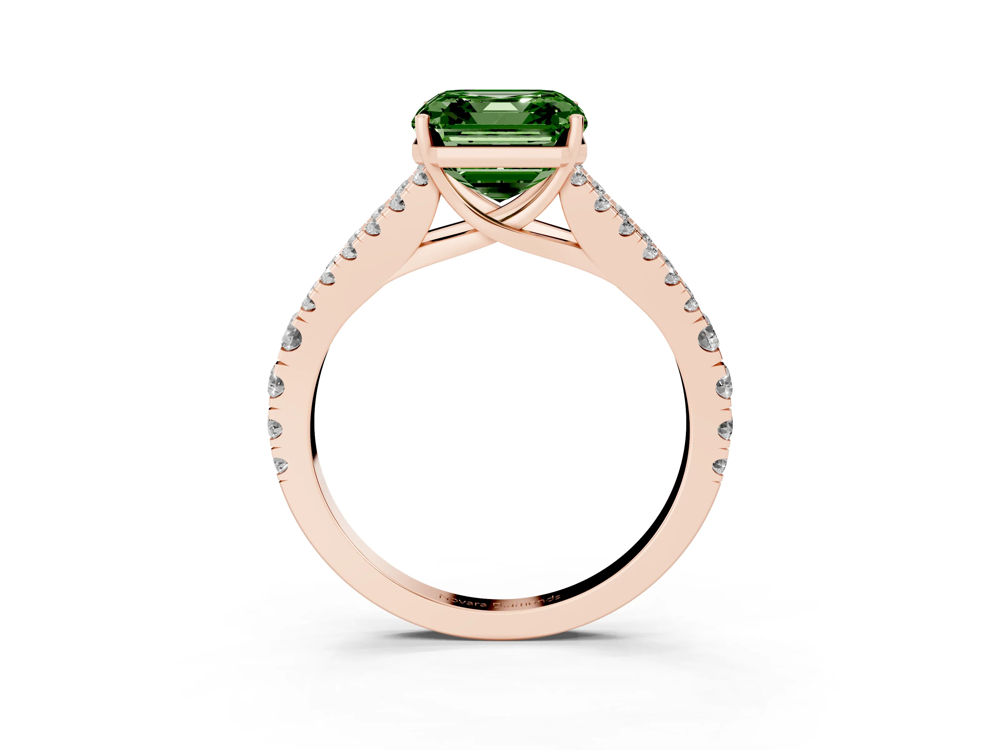 Fancy Green Asscher Cut Diamond Split Shank Pavé Engagement Ring Set in Rose gold with Prong-Held Center Stone