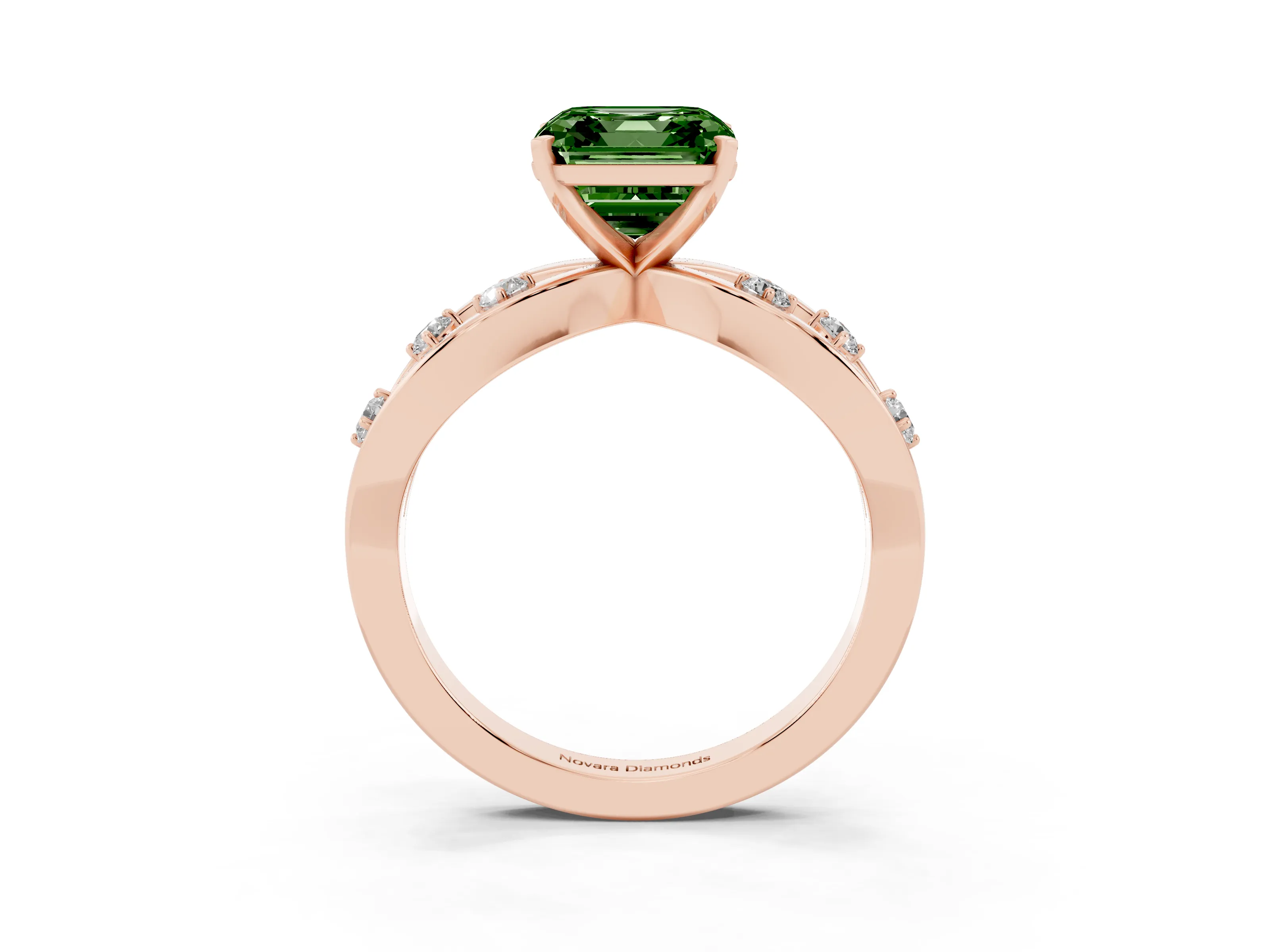 Fancy Green Asscher Cut Diamond Solitaire Ring Set in Rose gold with Side Stones on Criss-Cross Band and Prong Setting