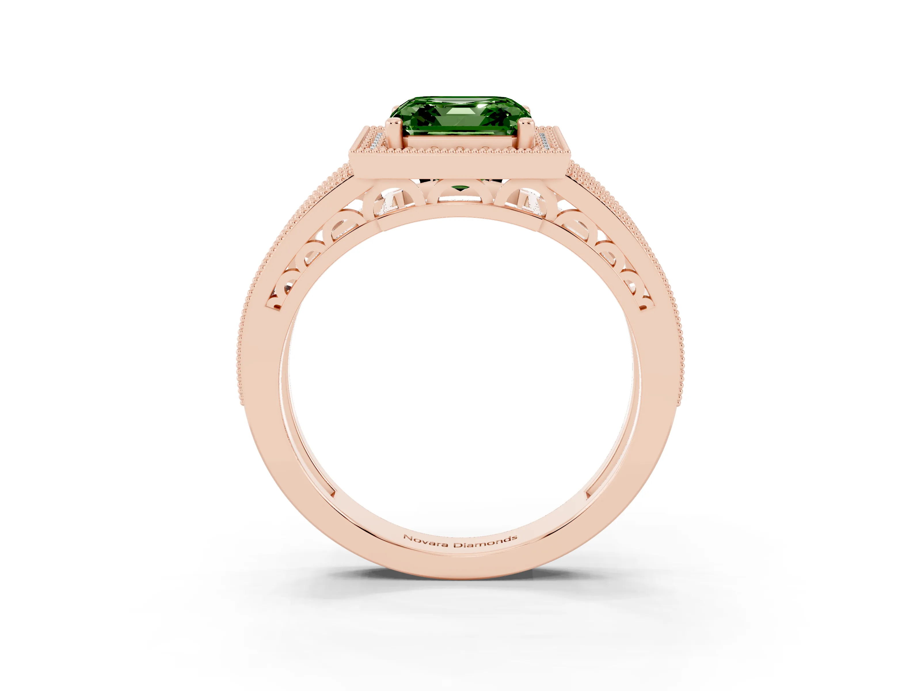 Fancy Green Asscher Cut Diamond Halo Ring Set in Rose gold with Accent Split Shank and Prong Setting